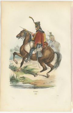 Hussar Cavalryman on Horseback, Napoleonic Military Print. Published in 1843