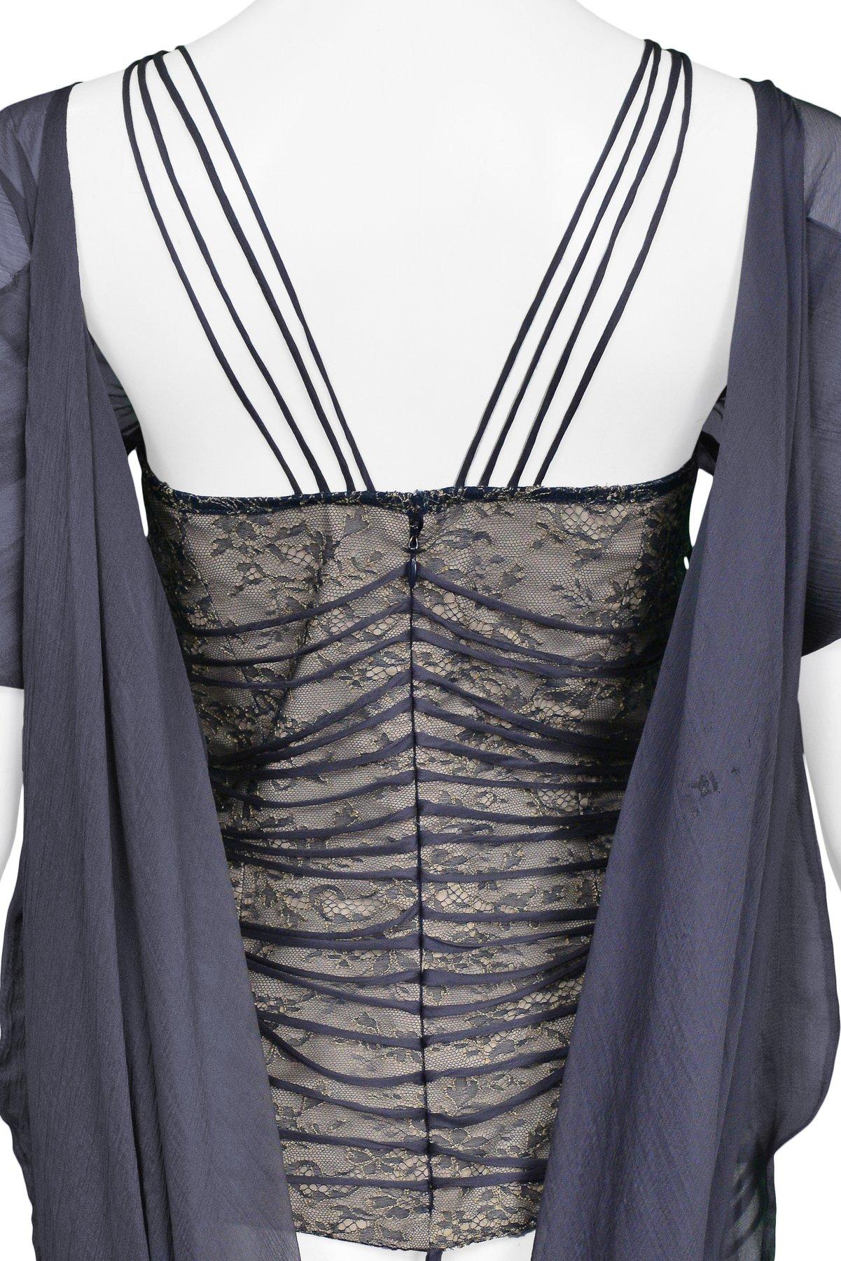 Hussein Chalayan Grey Floral Lace Bustier With Sheer Chiffon Drape Panel In Excellent Condition In Los Angeles, CA
