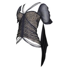 Hussein Chalayan Grey Floral Lace Bustier With Sheer Chiffon Drape Panel