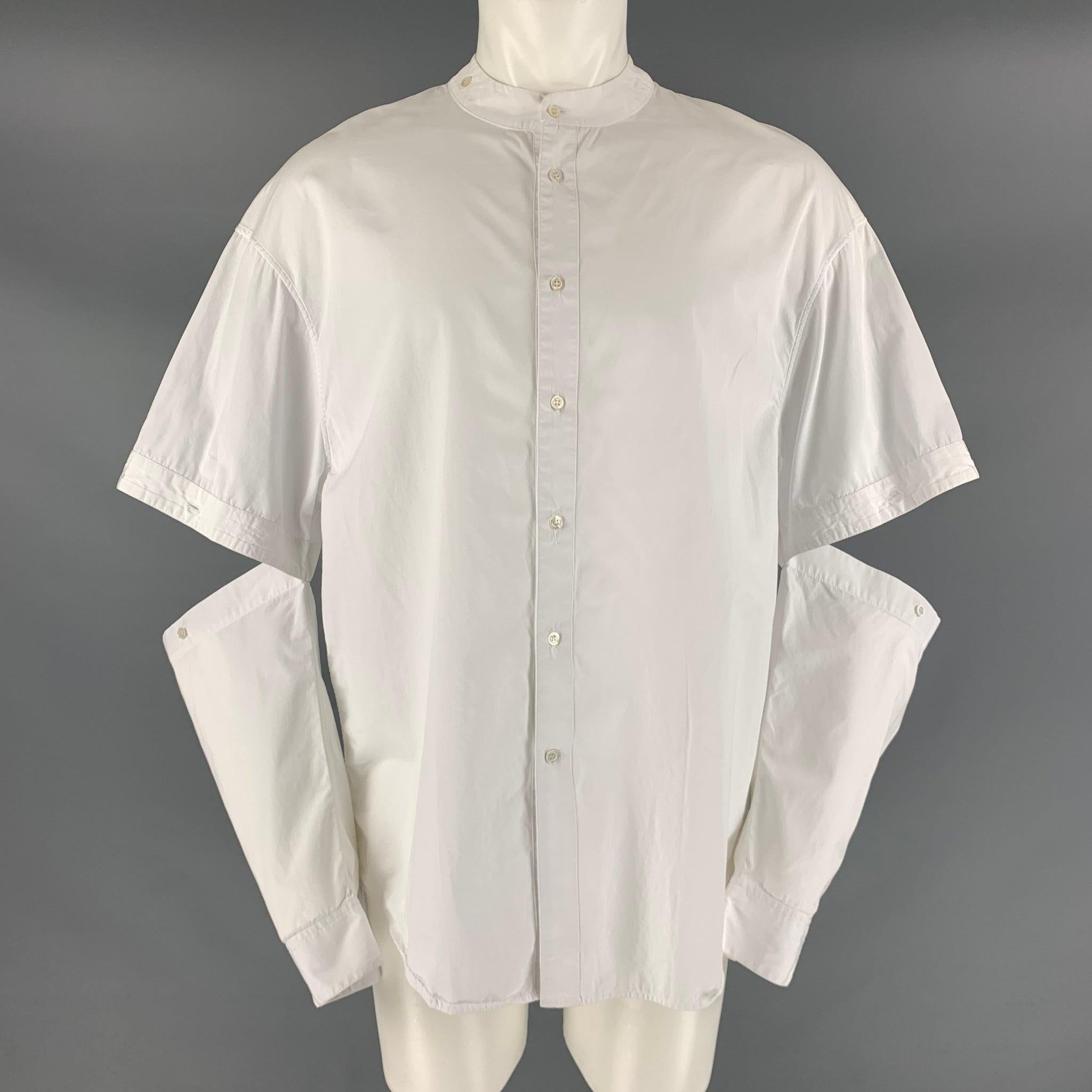 HUSSEIN CHALAYAN Size S White Solid Cotton Nehru Collar Long Sleeve Shirt For Sale 1
