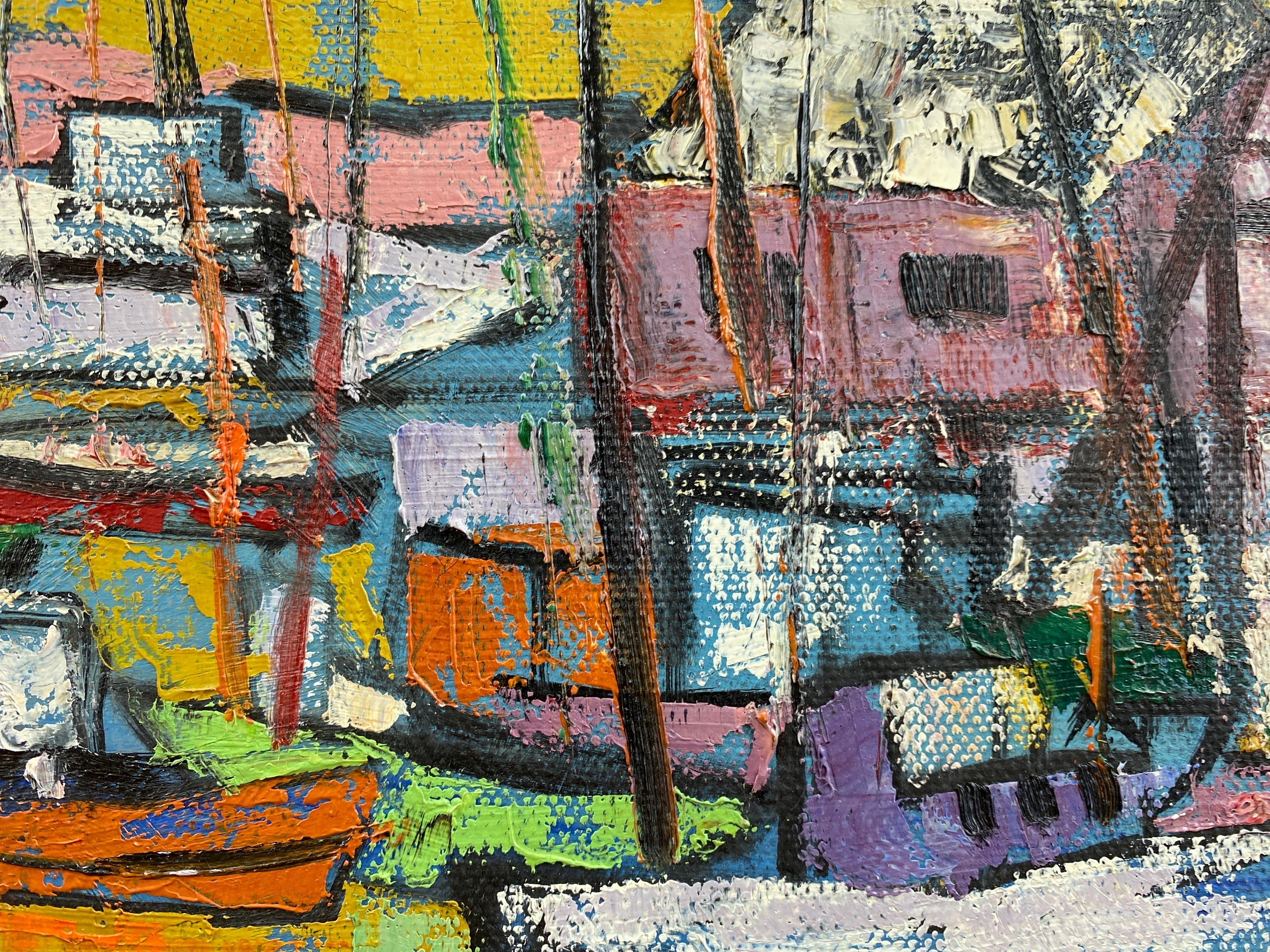 Hutchinson “Boats in Harbor”, Expressionist Acrylic Painting, 1950s 4