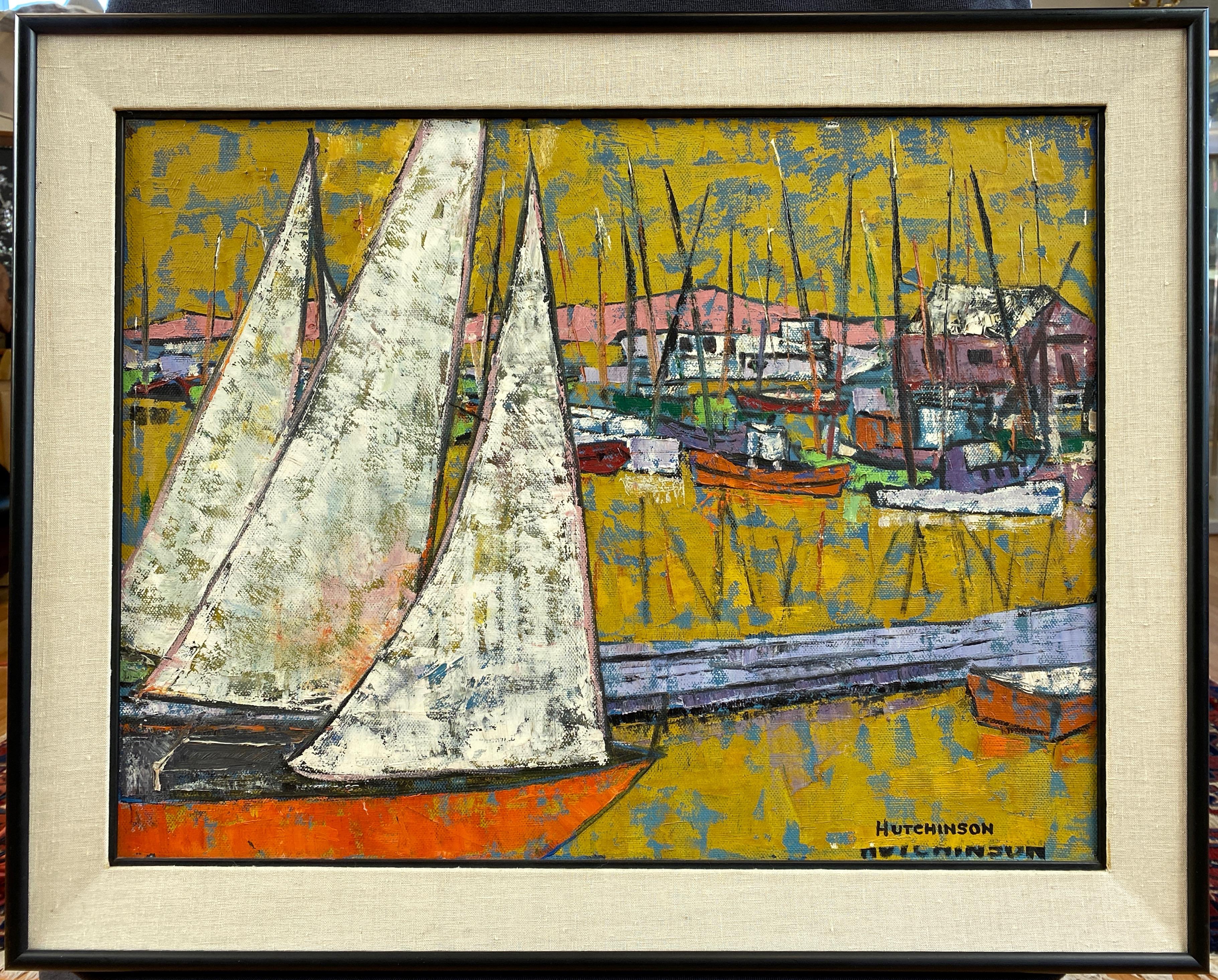 A 1950s mid-century modern expressionist acrylic painting on canvas of boats in a harbor, signed “Hutchinson