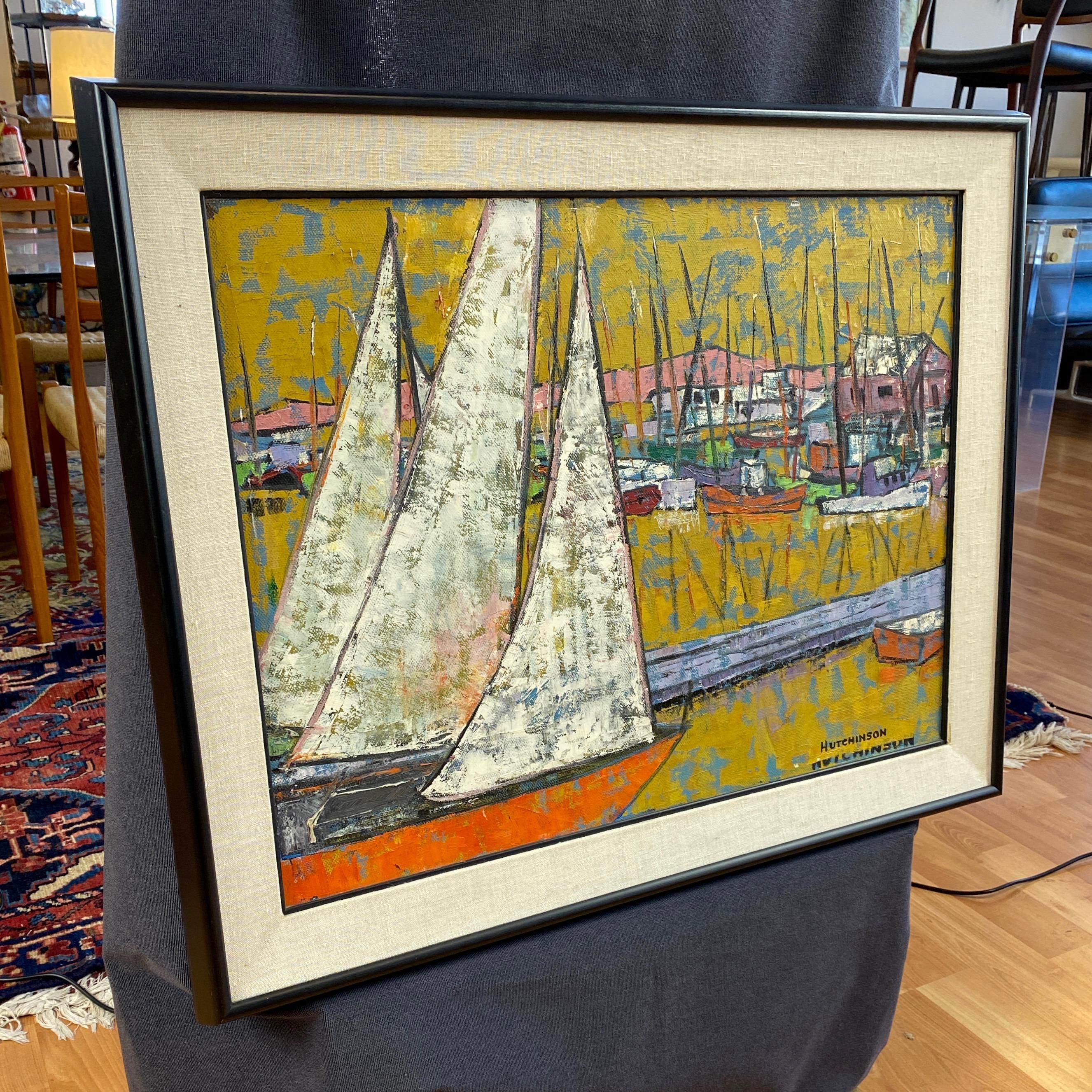 American Hutchinson “Boats in Harbor”, Expressionist Acrylic Painting, 1950s