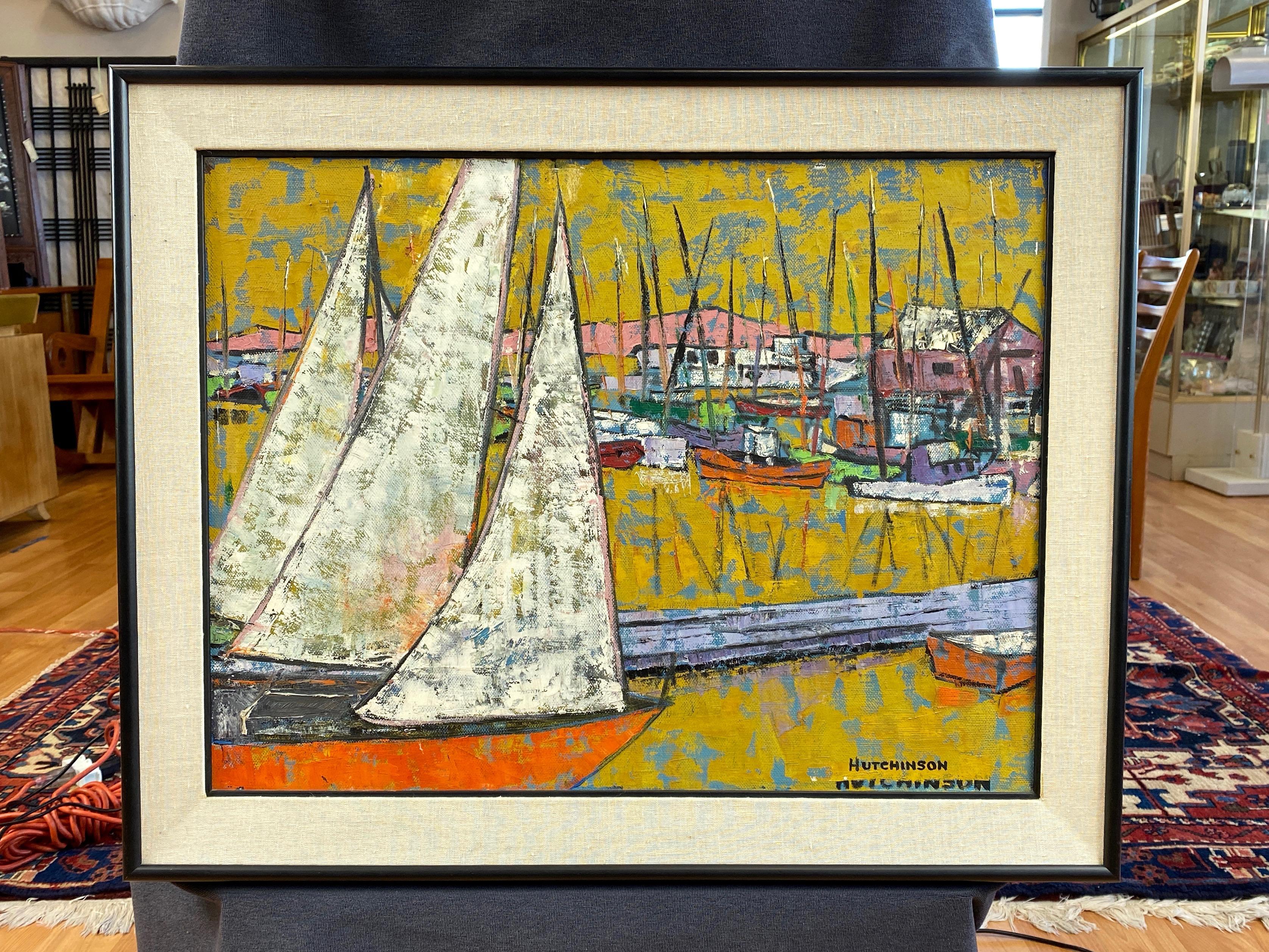 Ebonized Hutchinson “Boats in Harbor”, Expressionist Acrylic Painting, 1950s