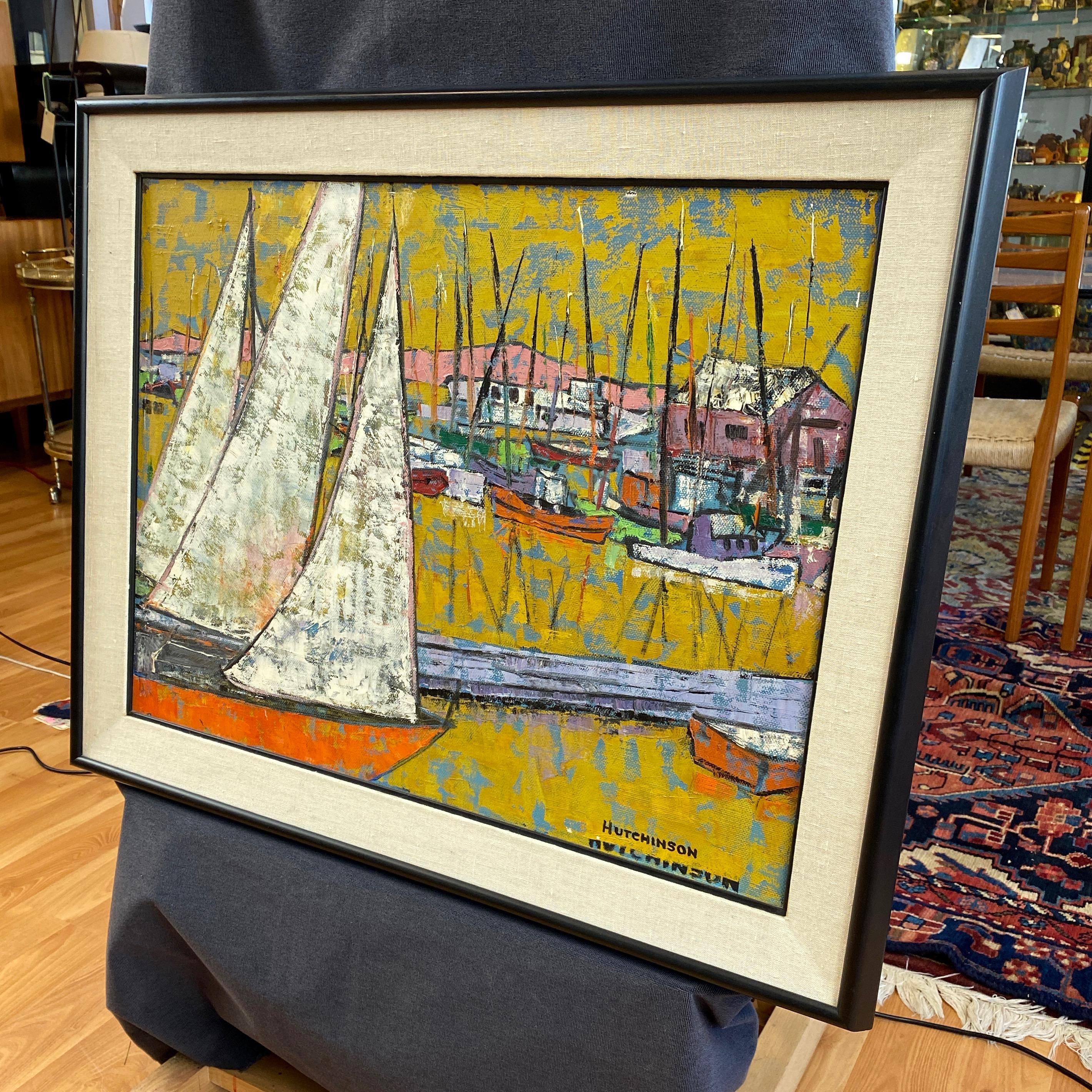 Hutchinson “Boats in Harbor”, Expressionist Acrylic Painting, 1950s In Good Condition In San Francisco, CA