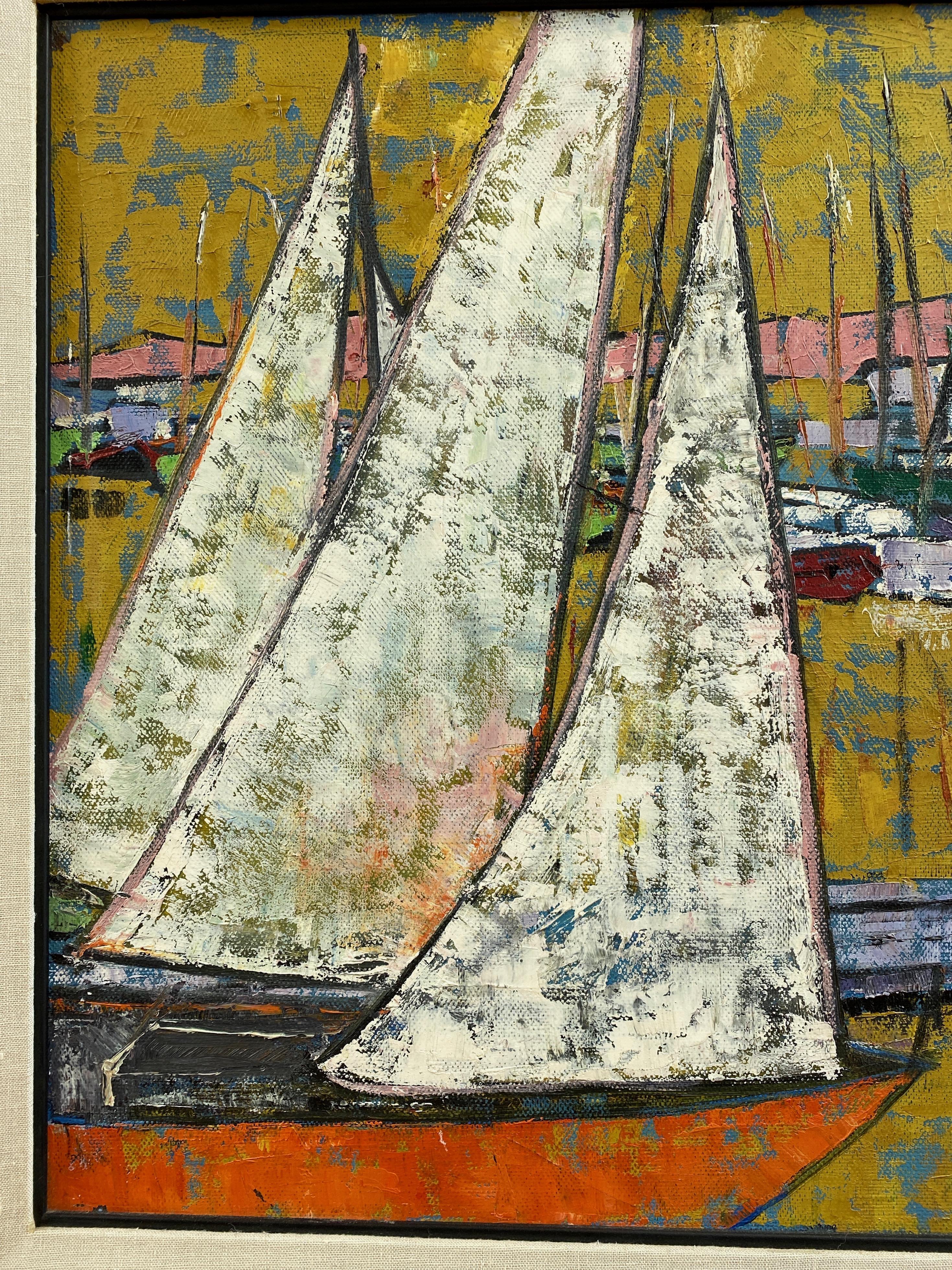 Mid-20th Century Hutchinson “Boats in Harbor”, Expressionist Acrylic Painting, 1950s
