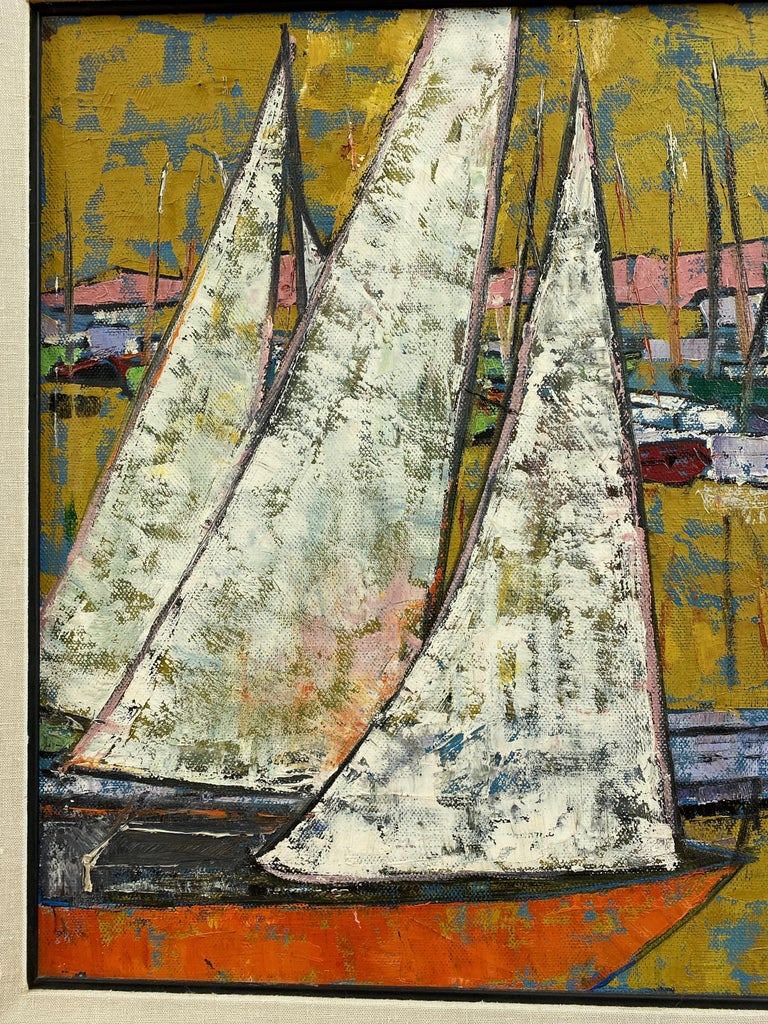Hutchinson “Boats in Harbor”, Expressionist Acrylic Painting, 1950s at