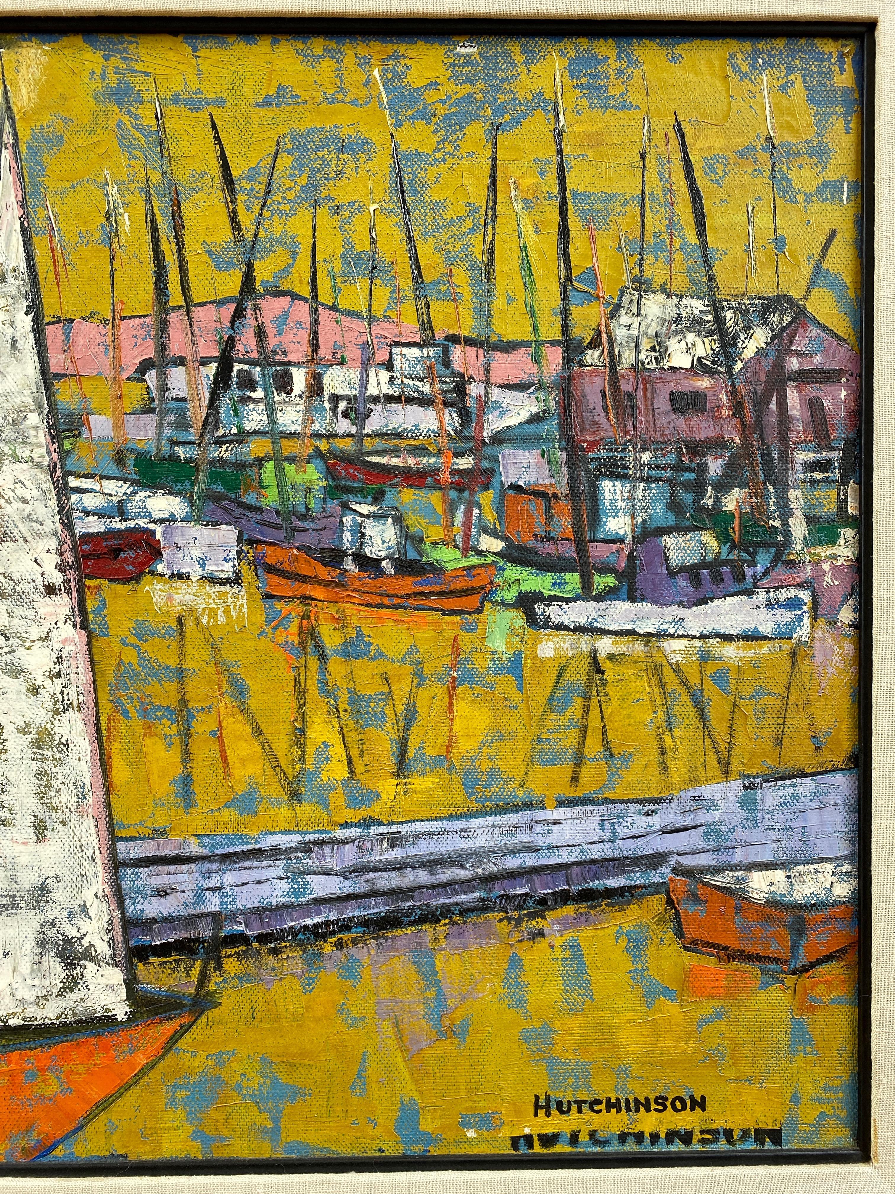 Hutchinson “Boats in Harbor”, Expressionist Acrylic Painting, 1950s 1