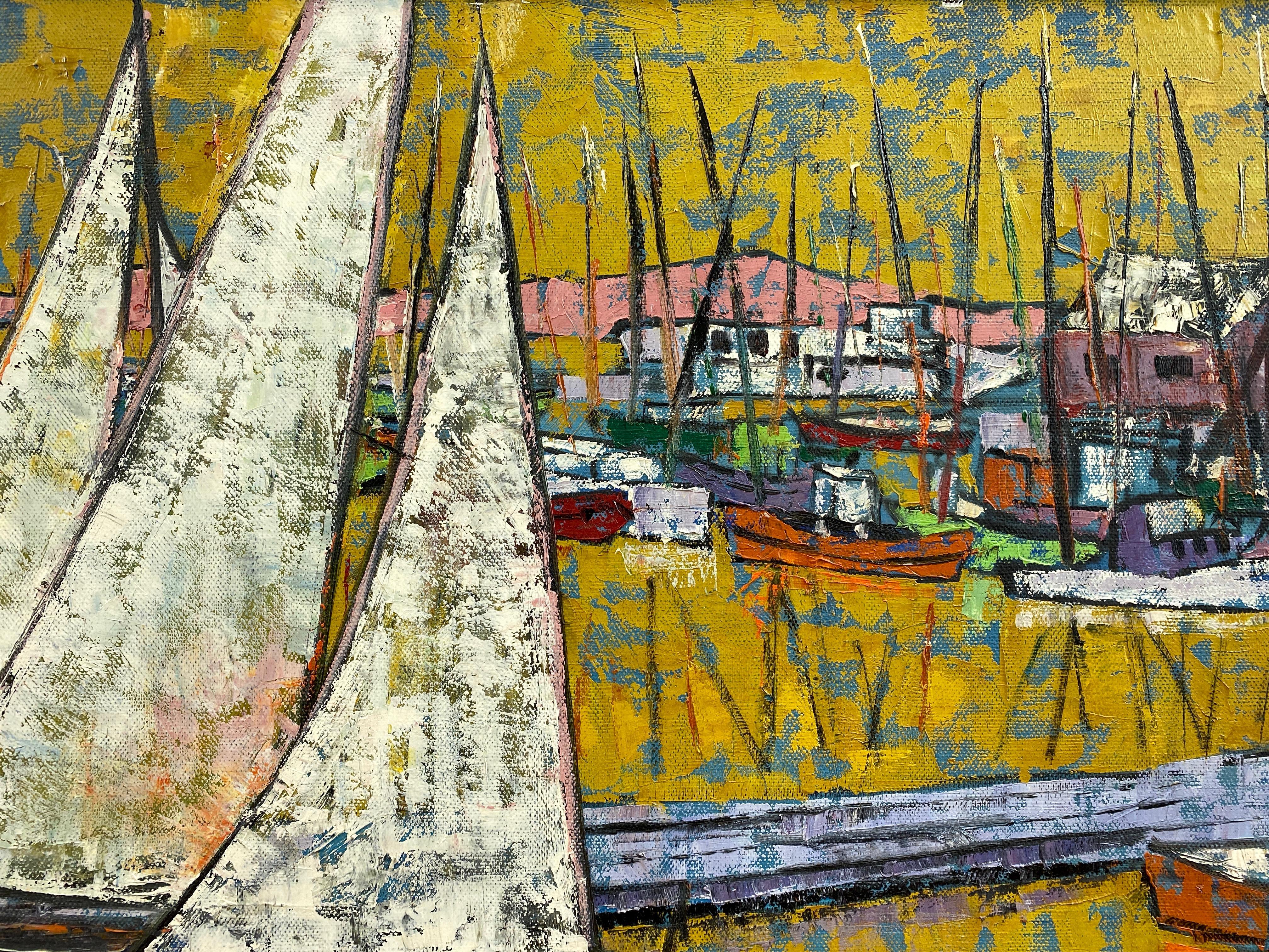 Hutchinson “Boats in Harbor”, Expressionist Acrylic Painting, 1950s 2