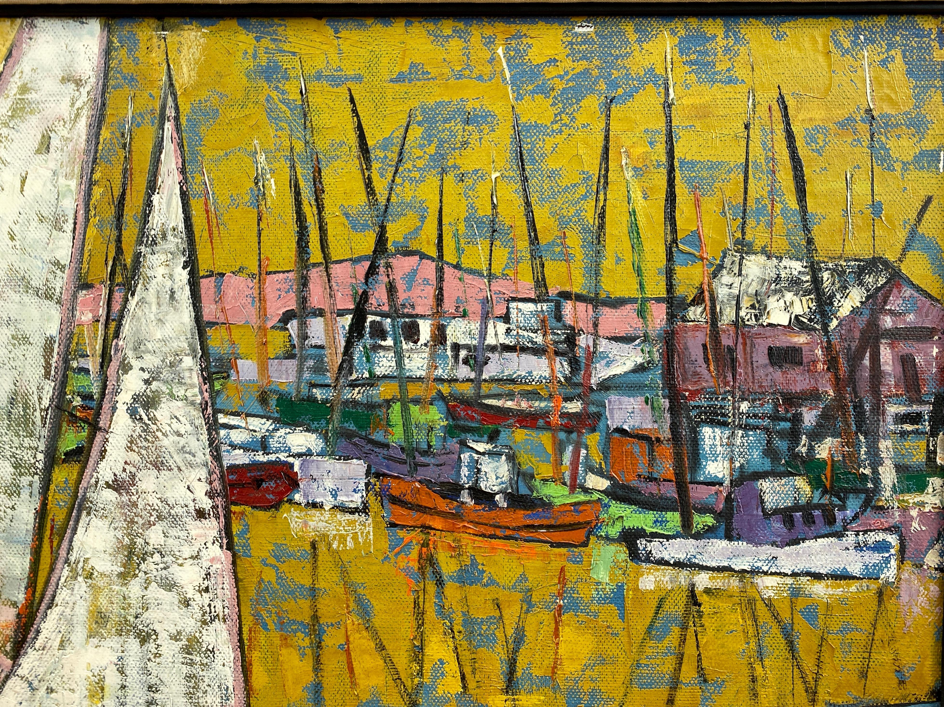 Hutchinson “Boats in Harbor”, Expressionist Acrylic Painting, 1950s 3