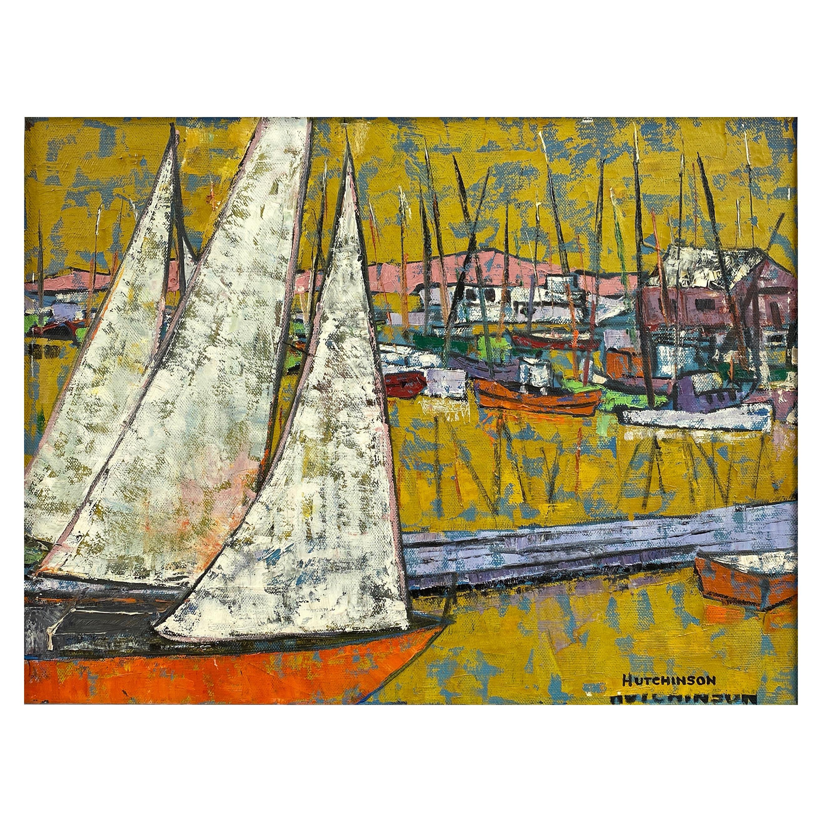 Hutchinson “Boats in Harbor”, Expressionist Acrylic Painting, 1950s