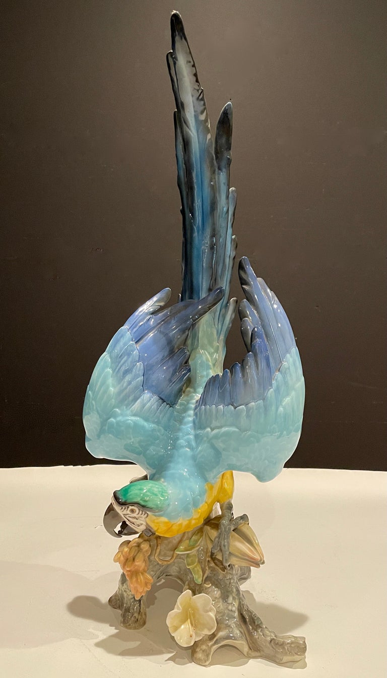 Large Hutschenreuther Porcelain Colorful Blue-and-Gold Macaw