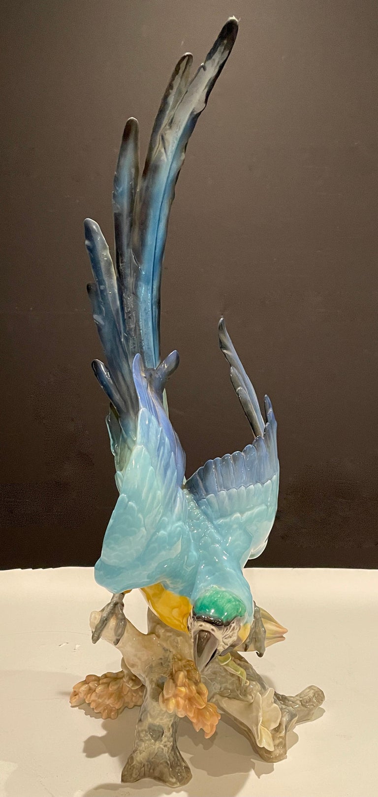 Large Hutschenreuther Porcelain Colorful Blue-and-Gold Macaw