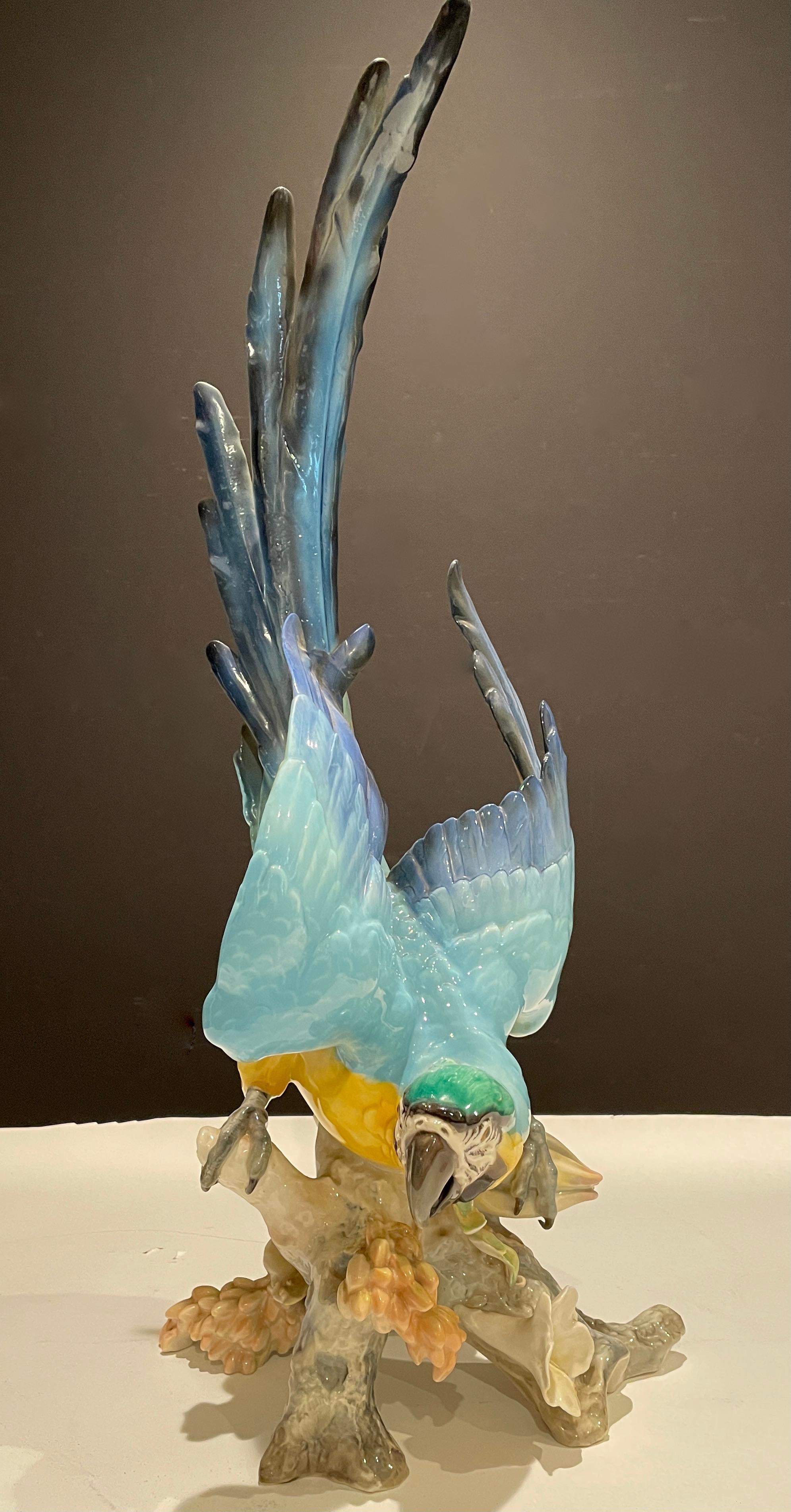 Glazed Large Hutschenreuther Porcelain Colorful Blue-and-Gold Macaw, Tropical Parrot
