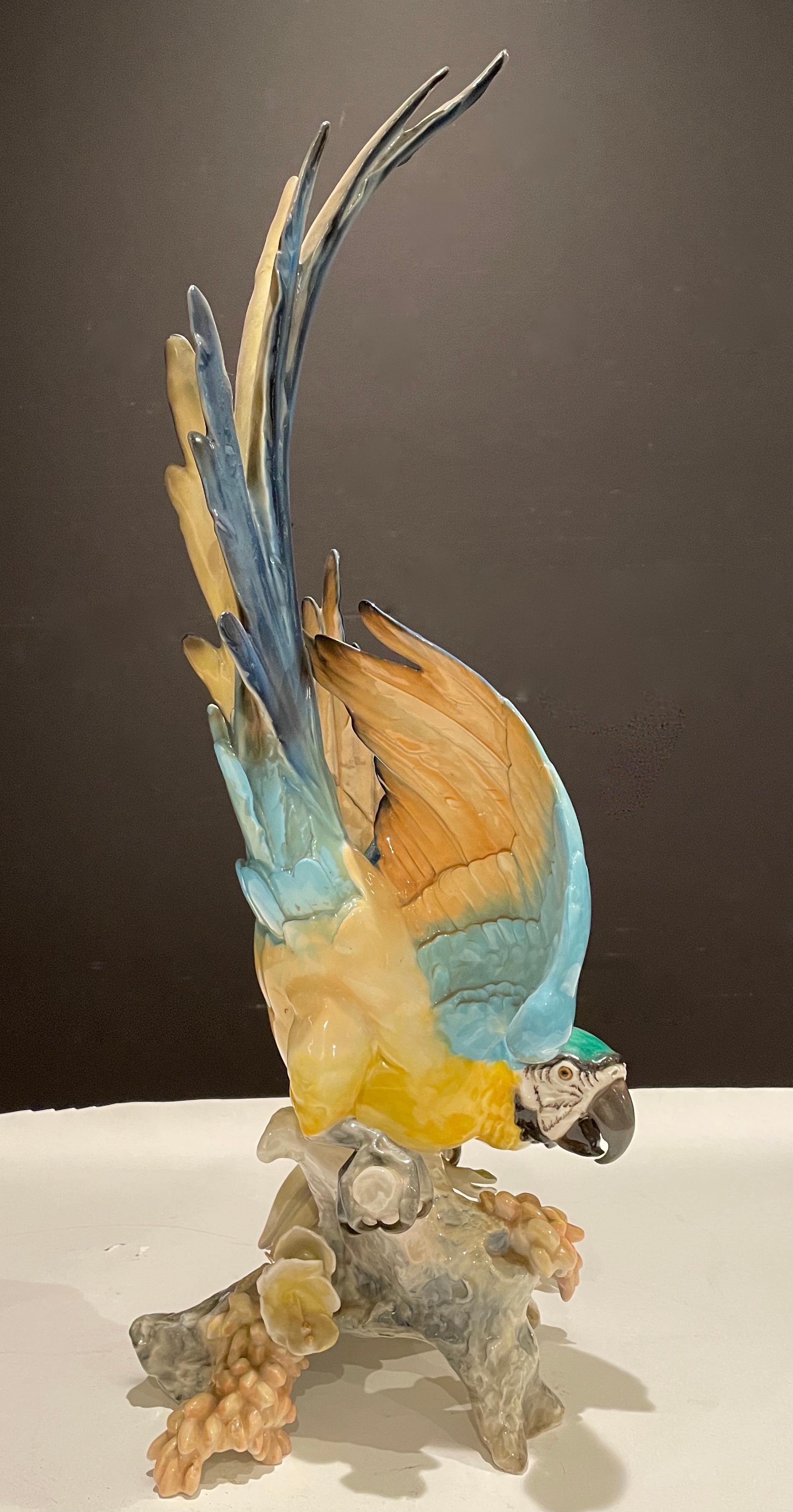 Ceramic Large Hutschenreuther Porcelain Colorful Blue-and-Gold Macaw, Tropical Parrot