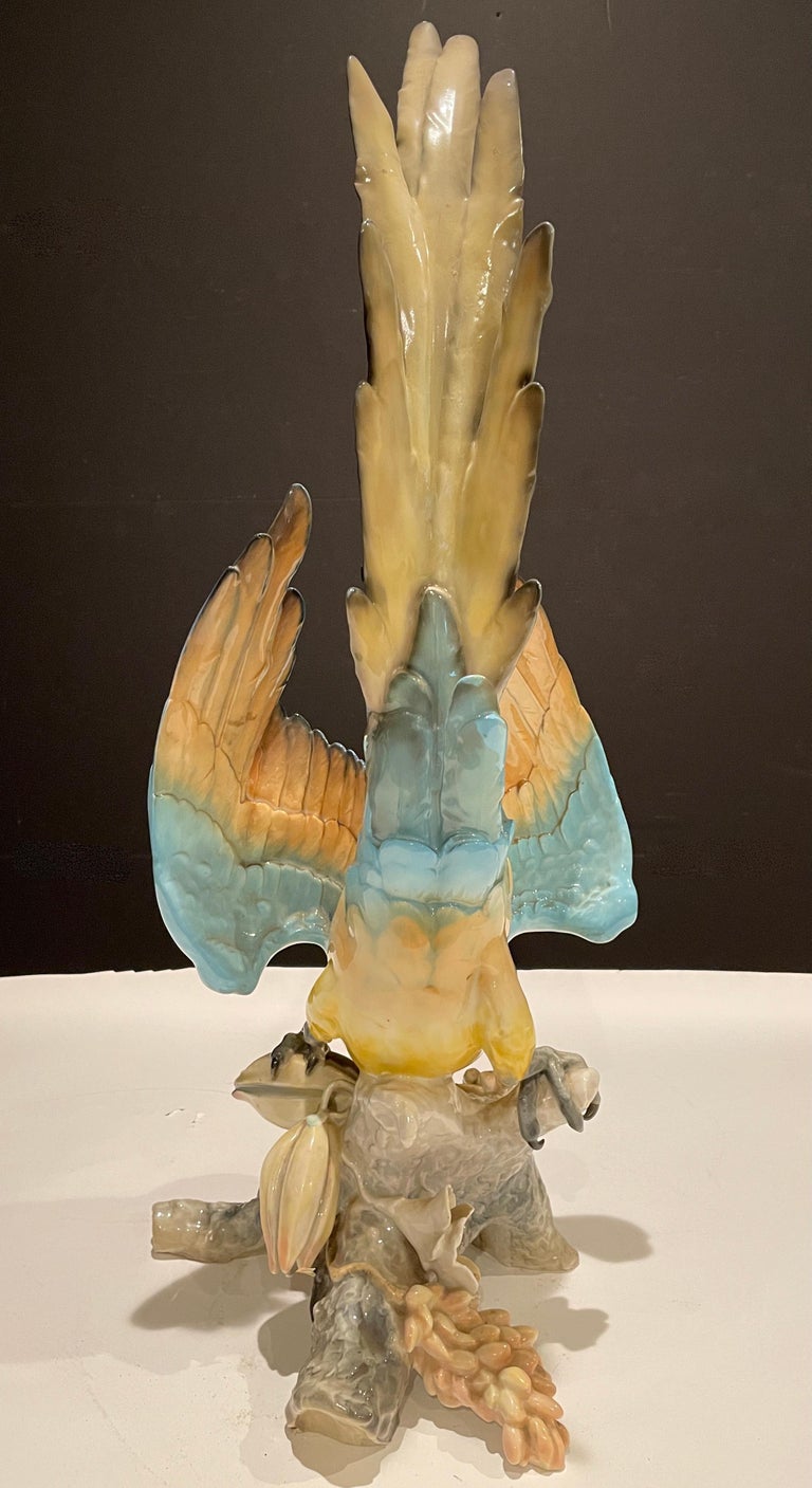Large Hutschenreuther Porcelain Colorful Blue-and-Gold Macaw