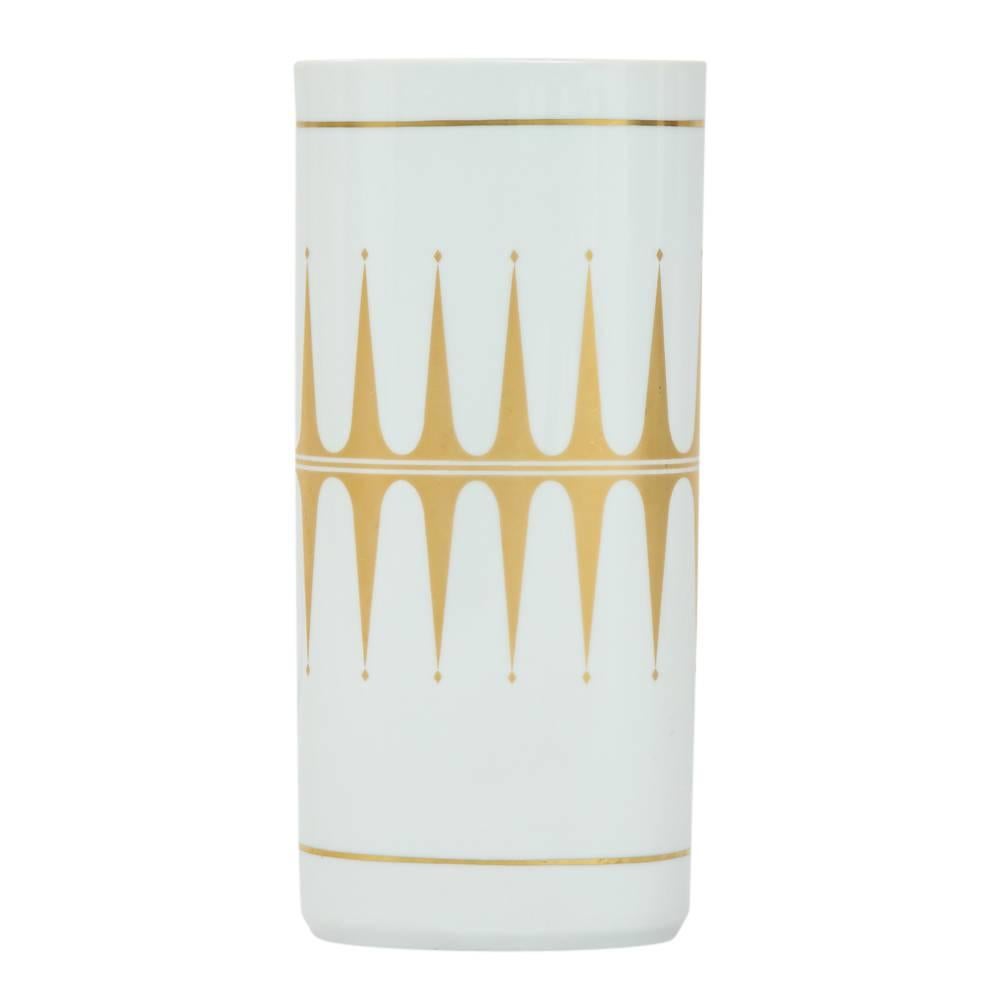 Hutschenreuther Vase, Porzellan, Gold, Weiß, signiert. Großformatige ovale Vase mit geometrischem Muster 