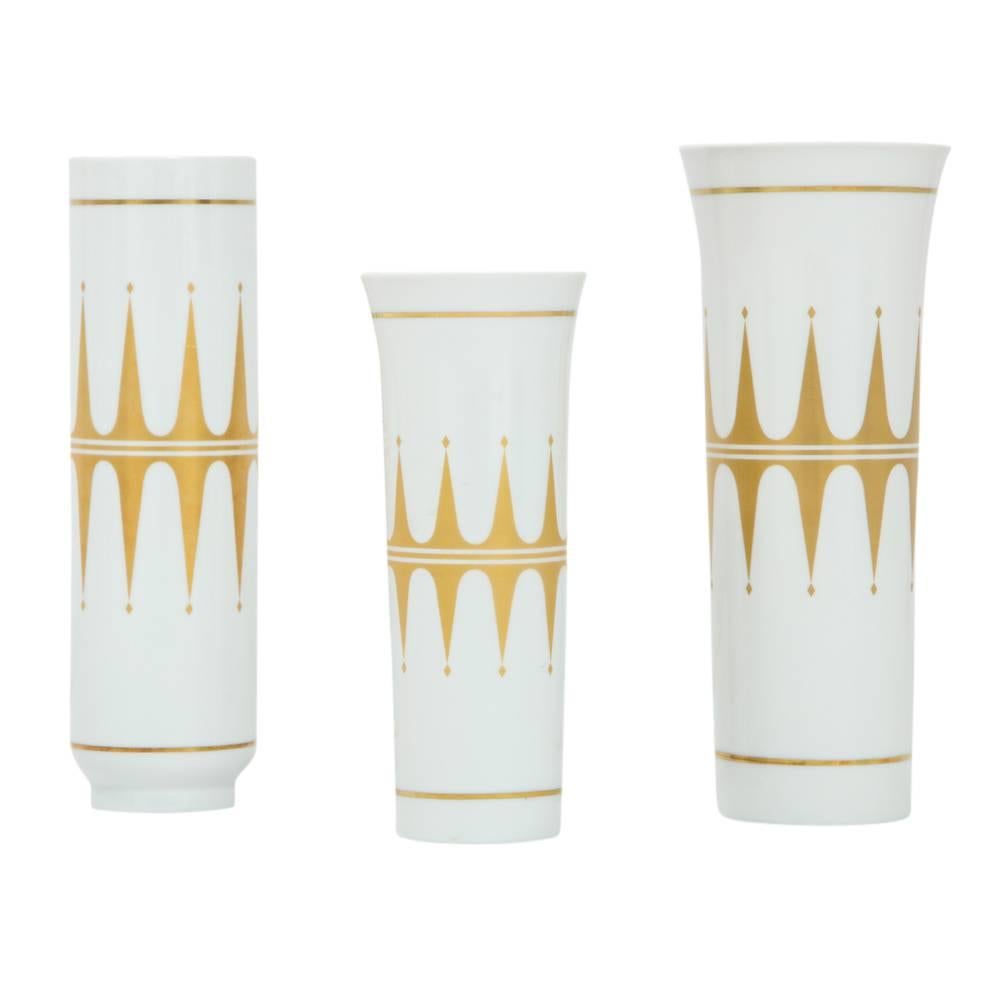 Mid-Century Modern Hutschenreuther Vases, Porcelain, White, Gold, Signed For Sale