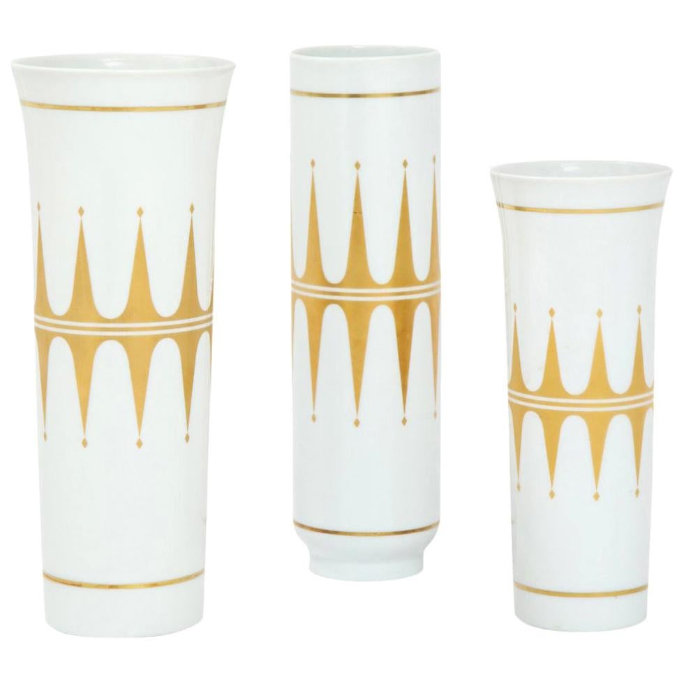 Hutschenreuther Vases, Porcelain, White, Gold, Signed