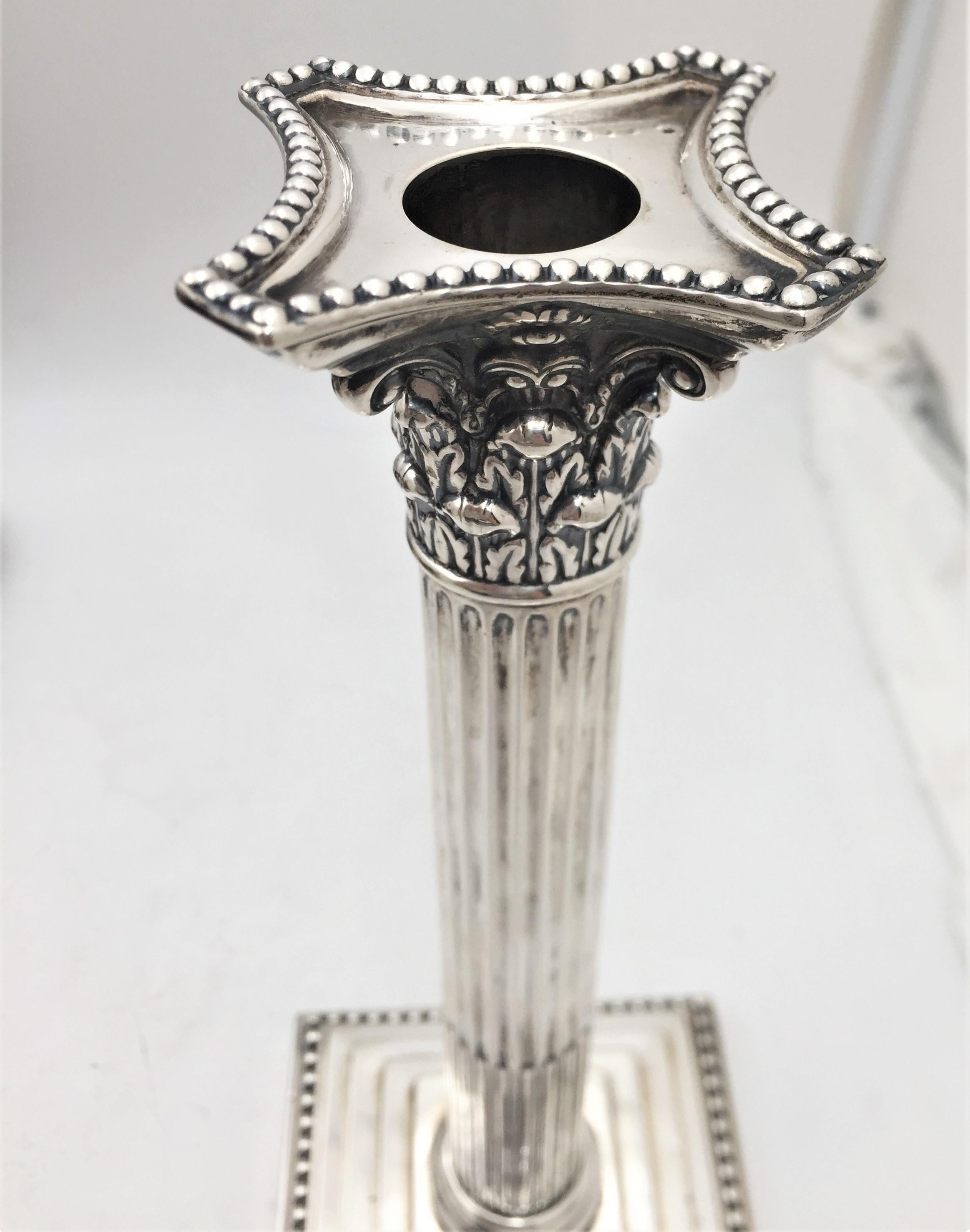 Hutton Pair of 1893 English Sterling Silver Candlesticks in Neoclassical Style In Good Condition In New York, NY