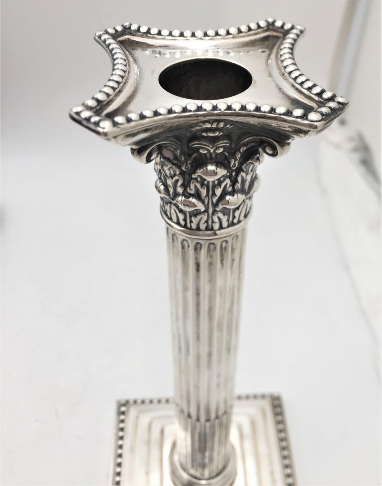 Hutton Pair of 1893 English Sterling Silver Candlesticks in Neoclassical Style In Good Condition For Sale In New York, NY