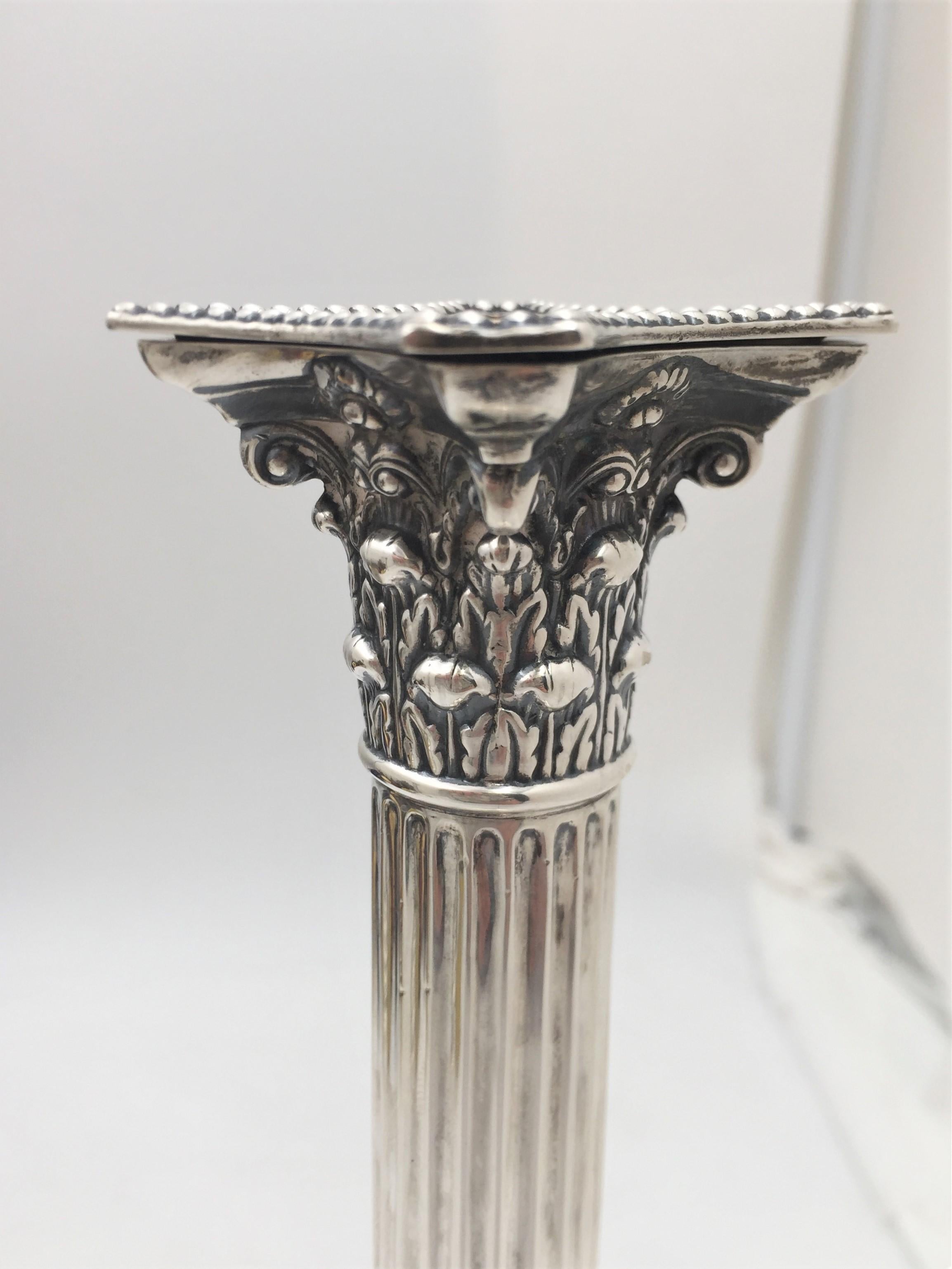 Late 19th Century Hutton Pair of 1893 English Sterling Silver Candlesticks in Neoclassical Style