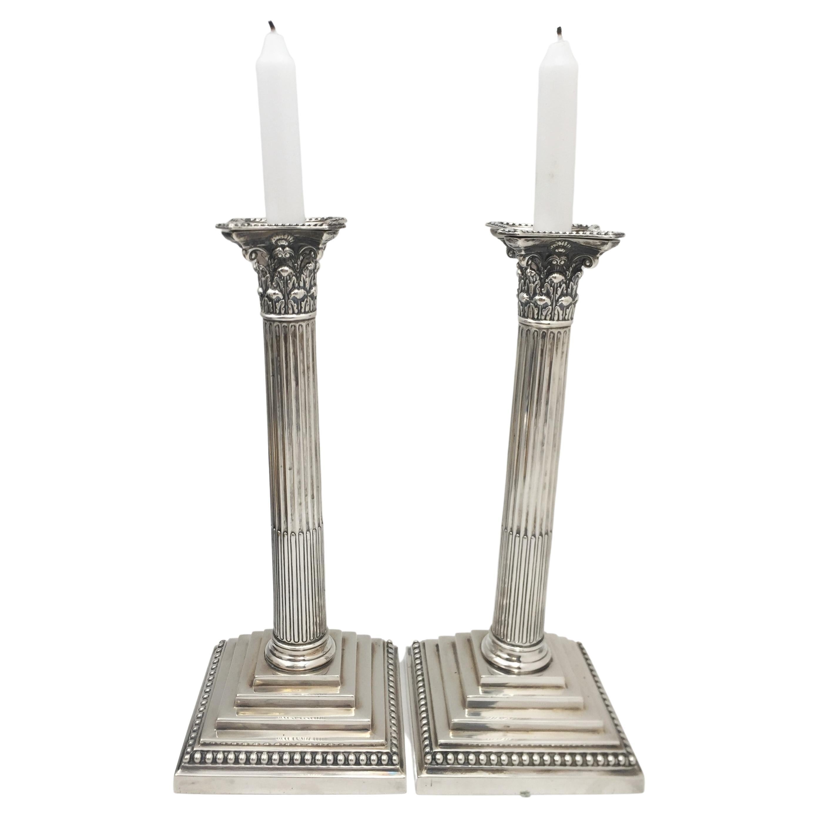 Hutton Pair of 1893 English Sterling Silver Candlesticks in Neoclassical Style