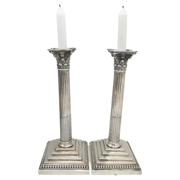 Hutton Pair of 1893 English Sterling Silver Candlesticks in Neoclassical Style For Sale