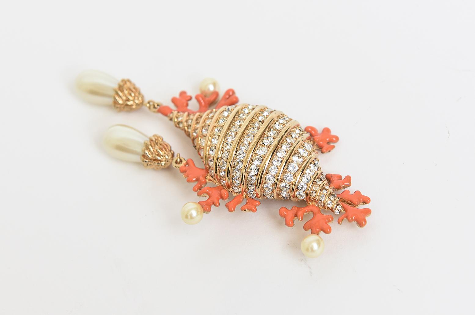 Modern Hutton Wilkinson Coral Enamel Faux Pearl, Rhinestone Gold Plated Brooch /Pin  For Sale