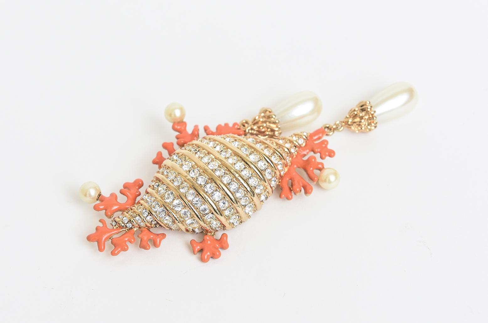 Bead Hutton Wilkinson Coral Enamel Faux Pearl, Rhinestone Gold Plated Brooch /Pin  For Sale