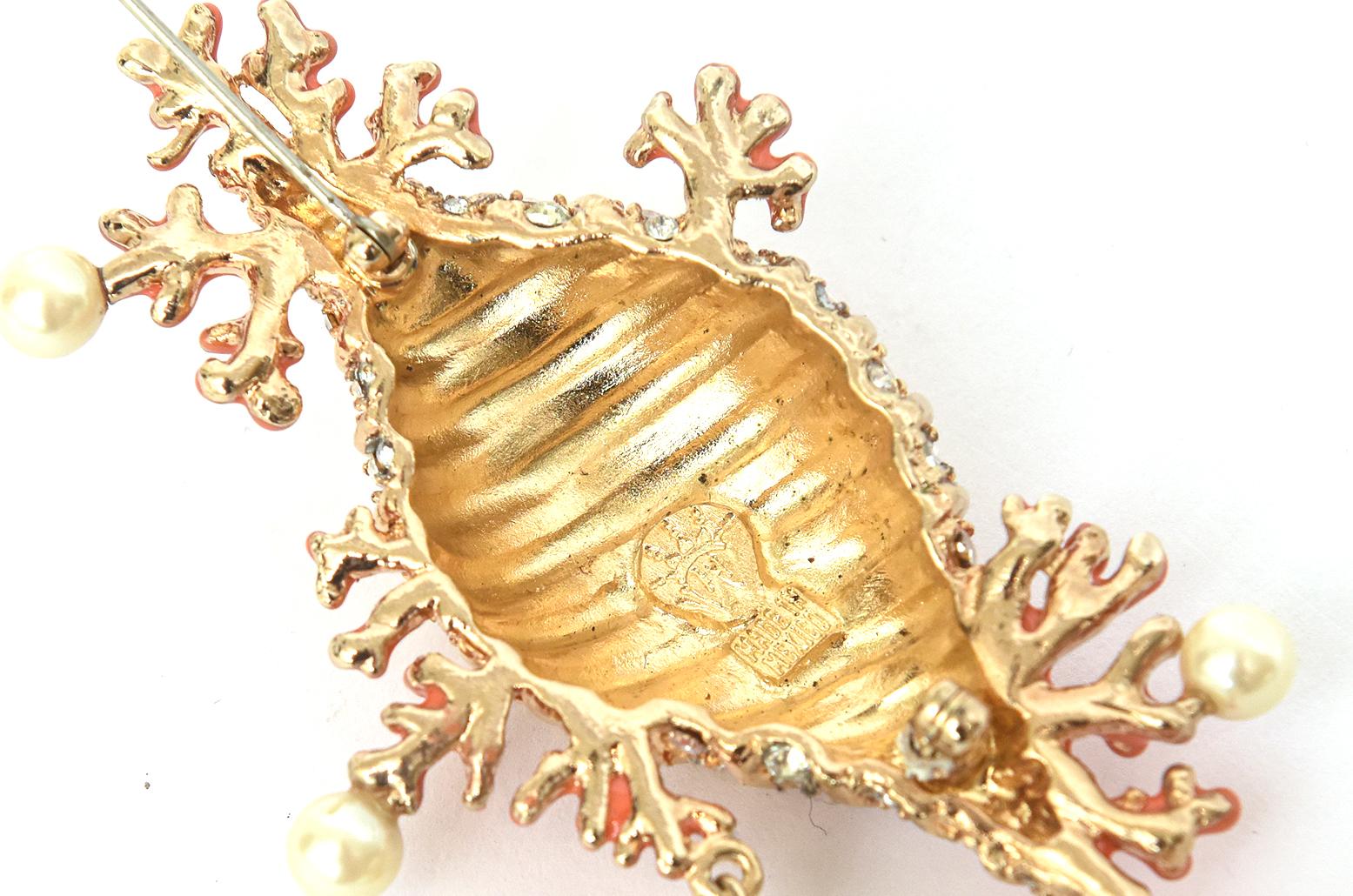 Hutton Wilkinson Coral Enamel Faux Pearl, Rhinestone Gold Plated Brooch /Pin  For Sale 1