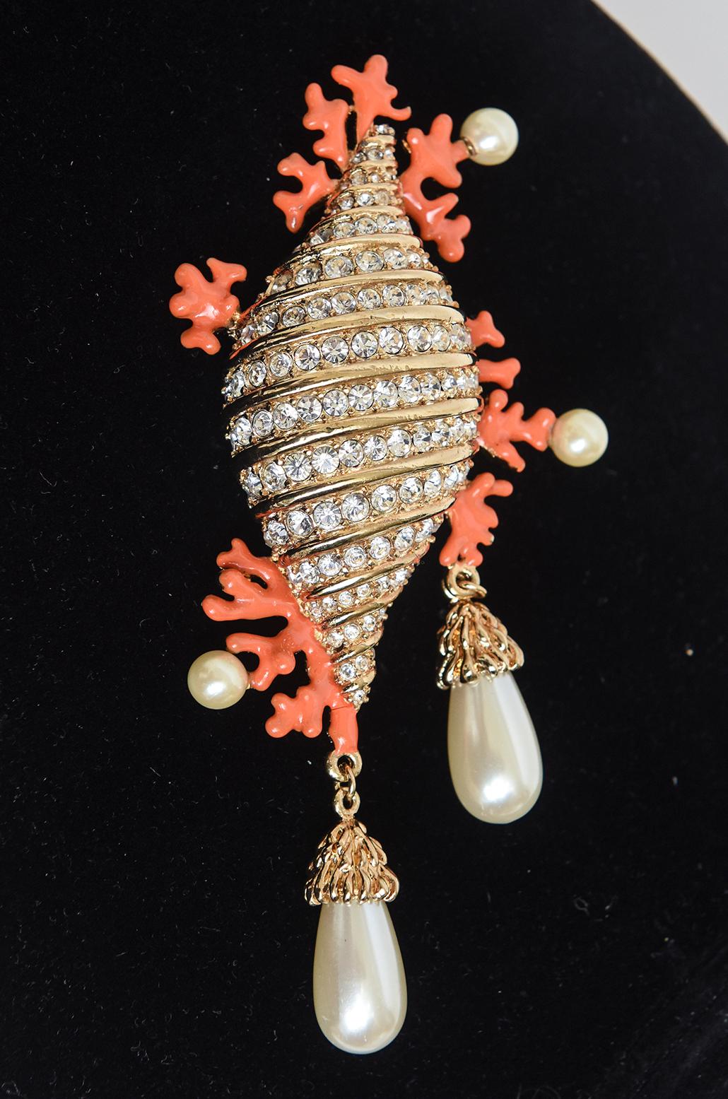 Hutton Wilkinson Coral Enamel Faux Pearl, Rhinestone Gold Plated Brooch /Pin  For Sale 2