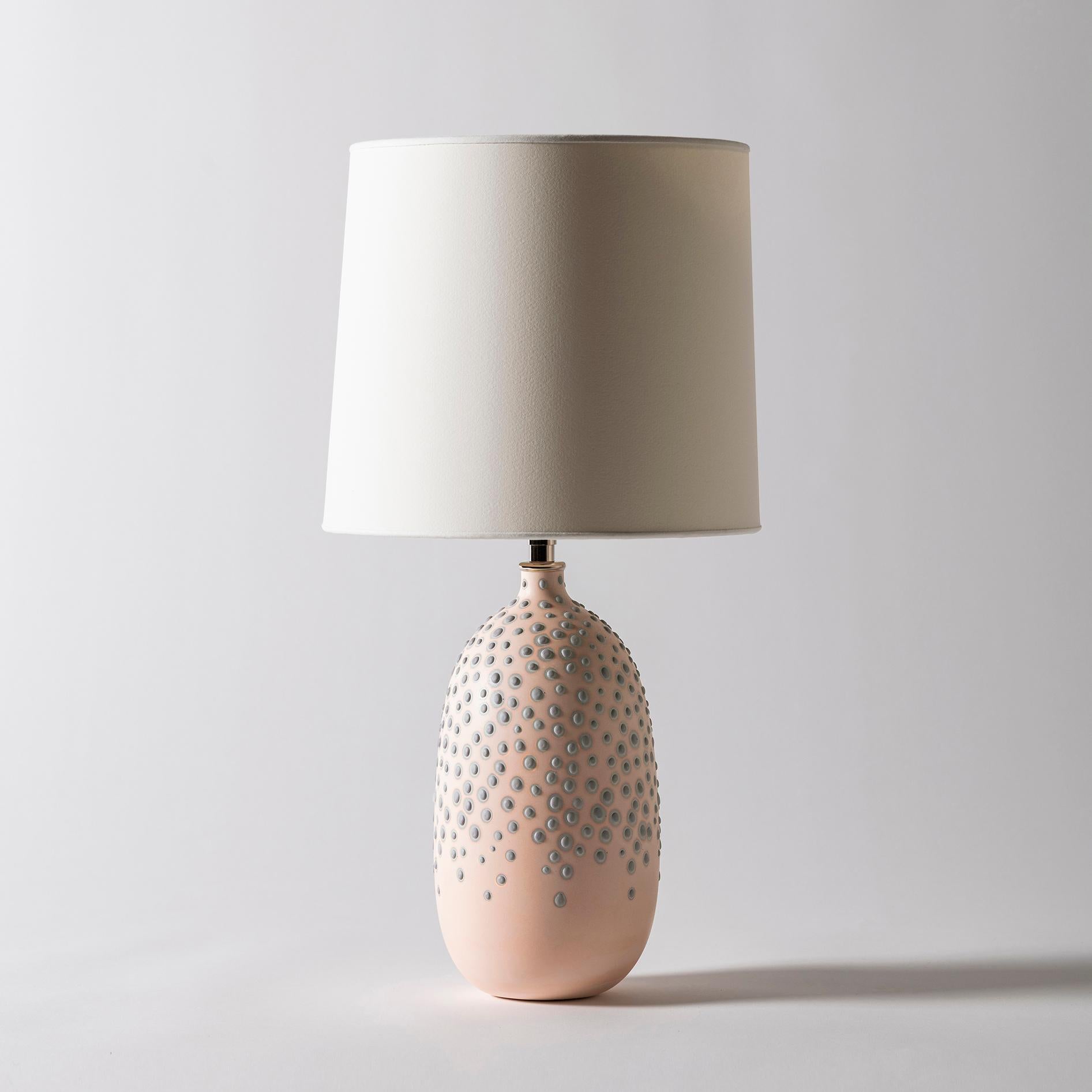 Huxley lamp in Peach by Elyse Graham
Dimensions: D26 x H51 cm
Materials: Plaster, Resin, Cotton rag Paper, brass, Nickel. HARDWARE: POLISHED NICKEL-PLATED BRASS UNO THREADED SOCKET
with TURN KEY SWITCH, IN-LINE DIMMER.
MOLDED, DYED, AND FINISHED