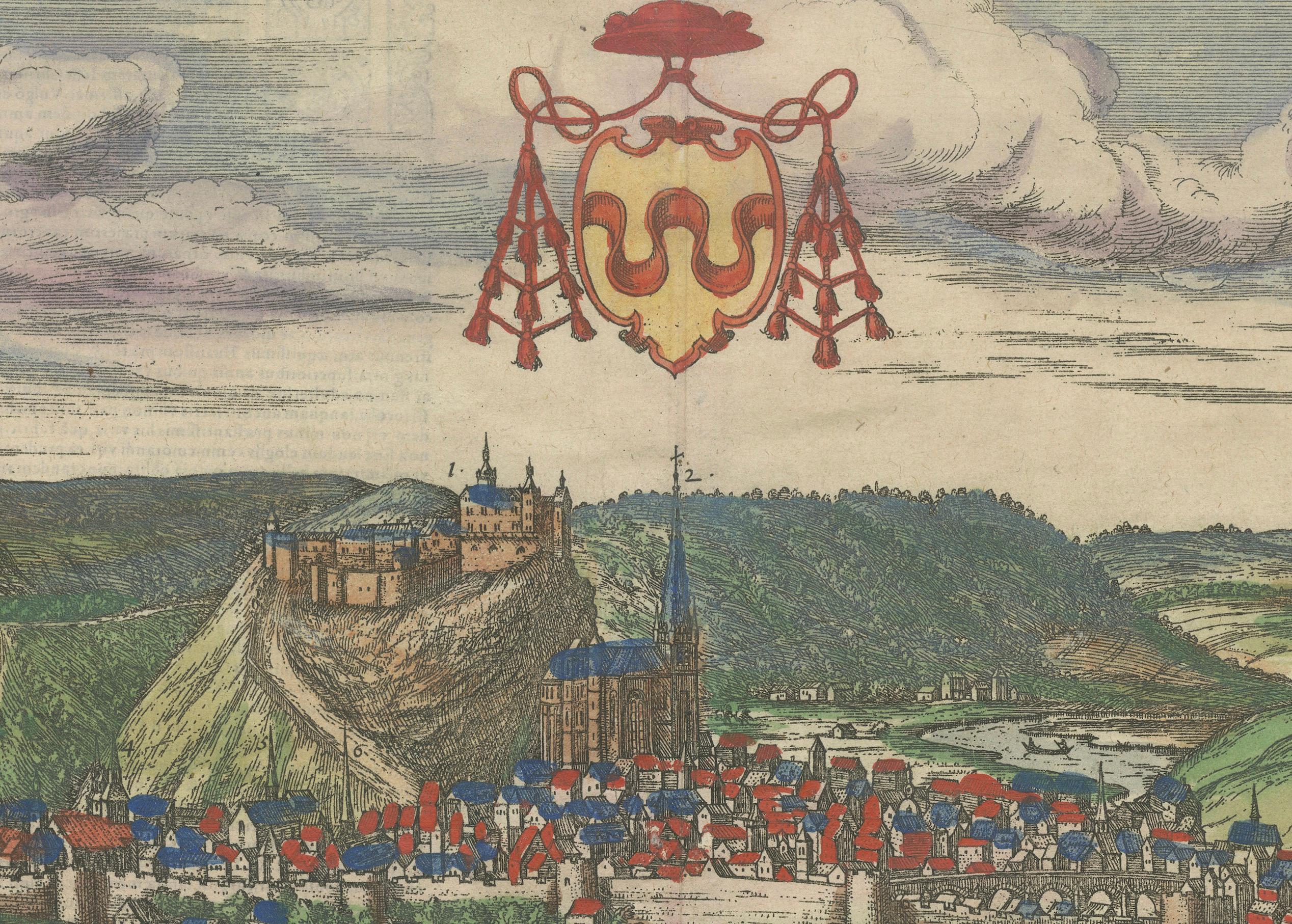 Huy (Huum) Cityscape 1574: Historical Copper Engraving by Braun & Hogenberg In Good Condition For Sale In Langweer, NL