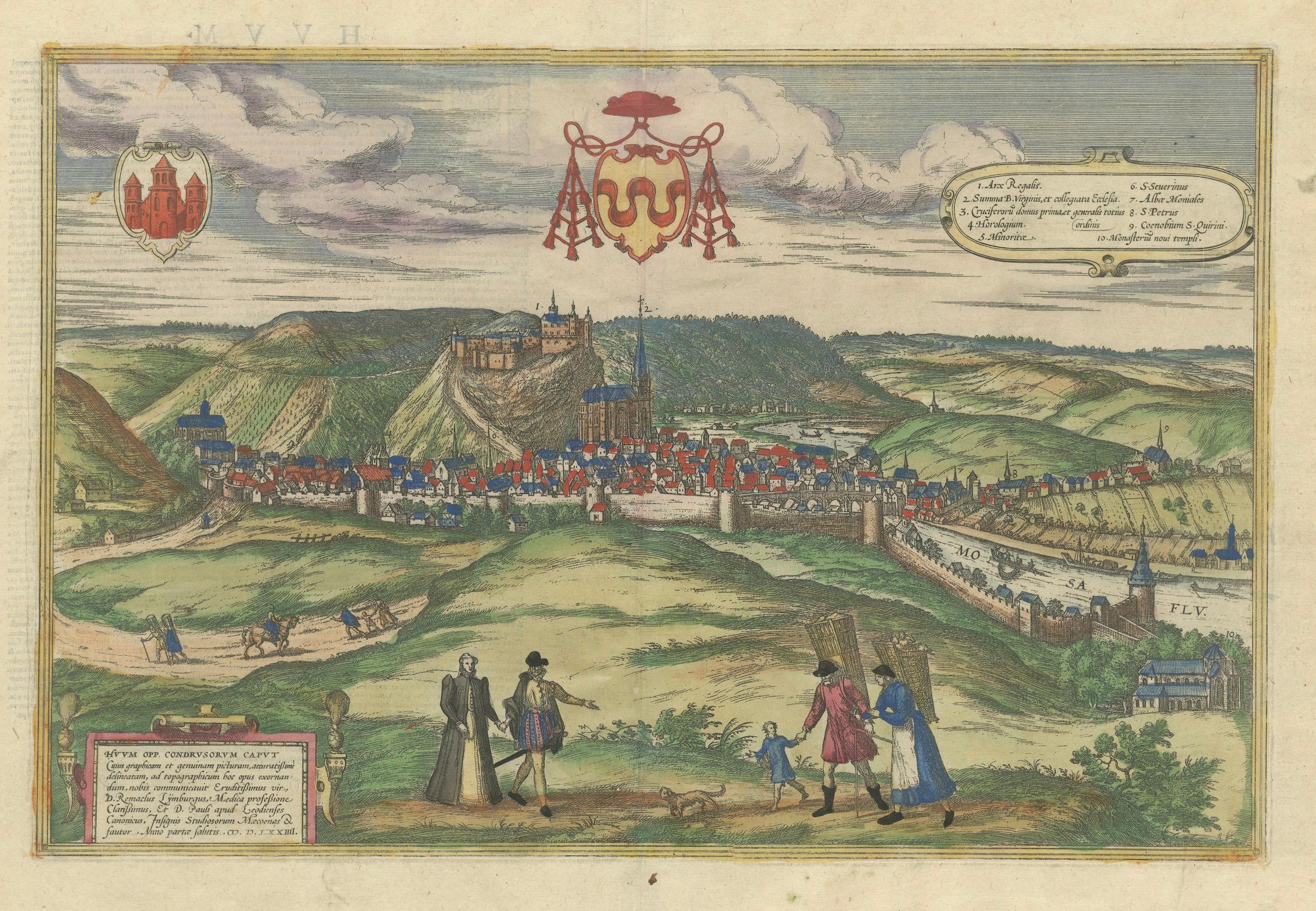 18th Century and Earlier Huy (Huum) Cityscape 1574: Historical Copper Engraving by Braun & Hogenberg For Sale