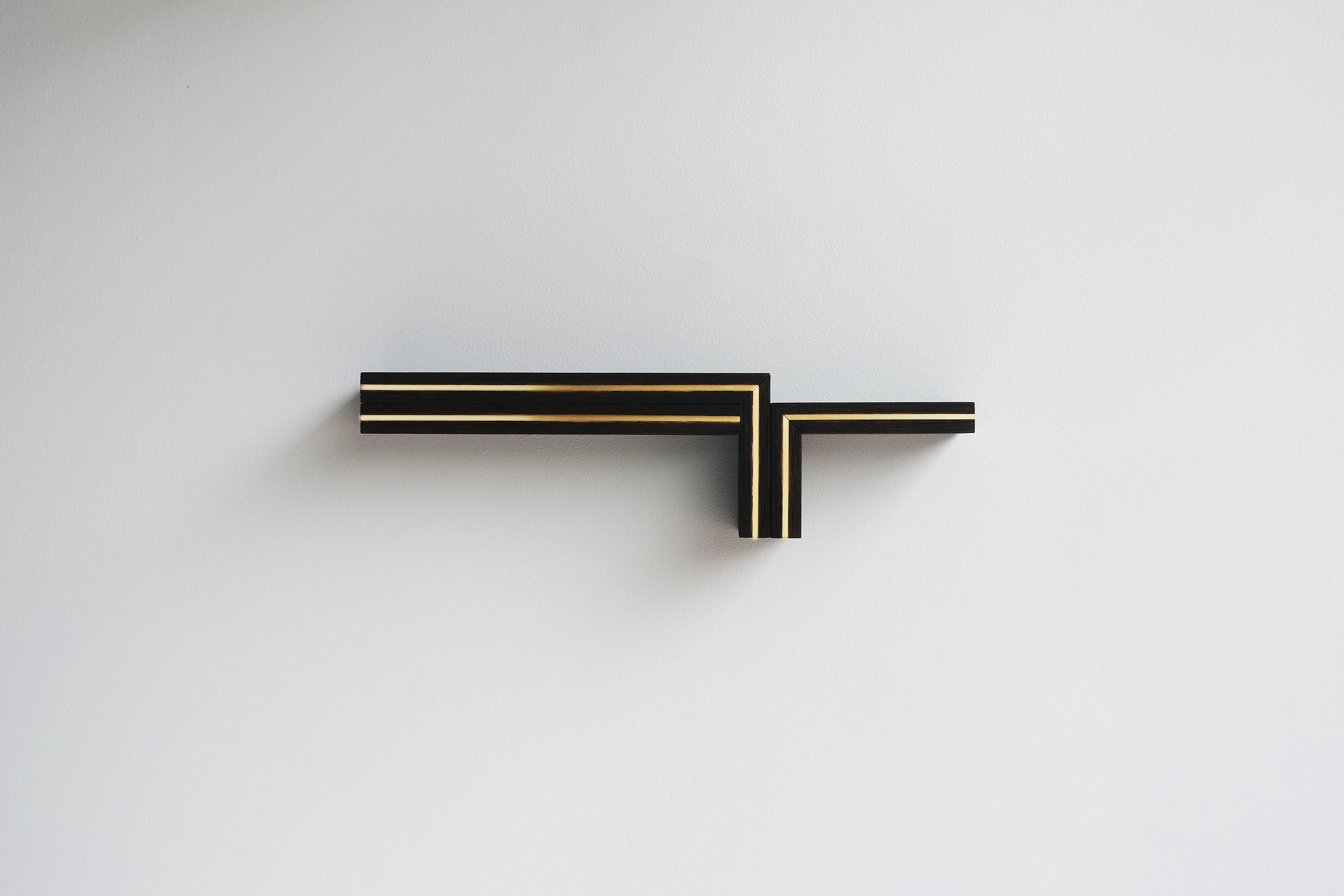 "Elevate No. 2" brass and burnt wood, floating wall shelf, artist-made sculpture - Sculpture by Huy Lam