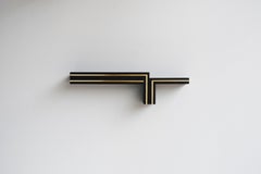 "Elevate No. 2" brass and burnt wood, floating wall shelf, artist-made sculpture
