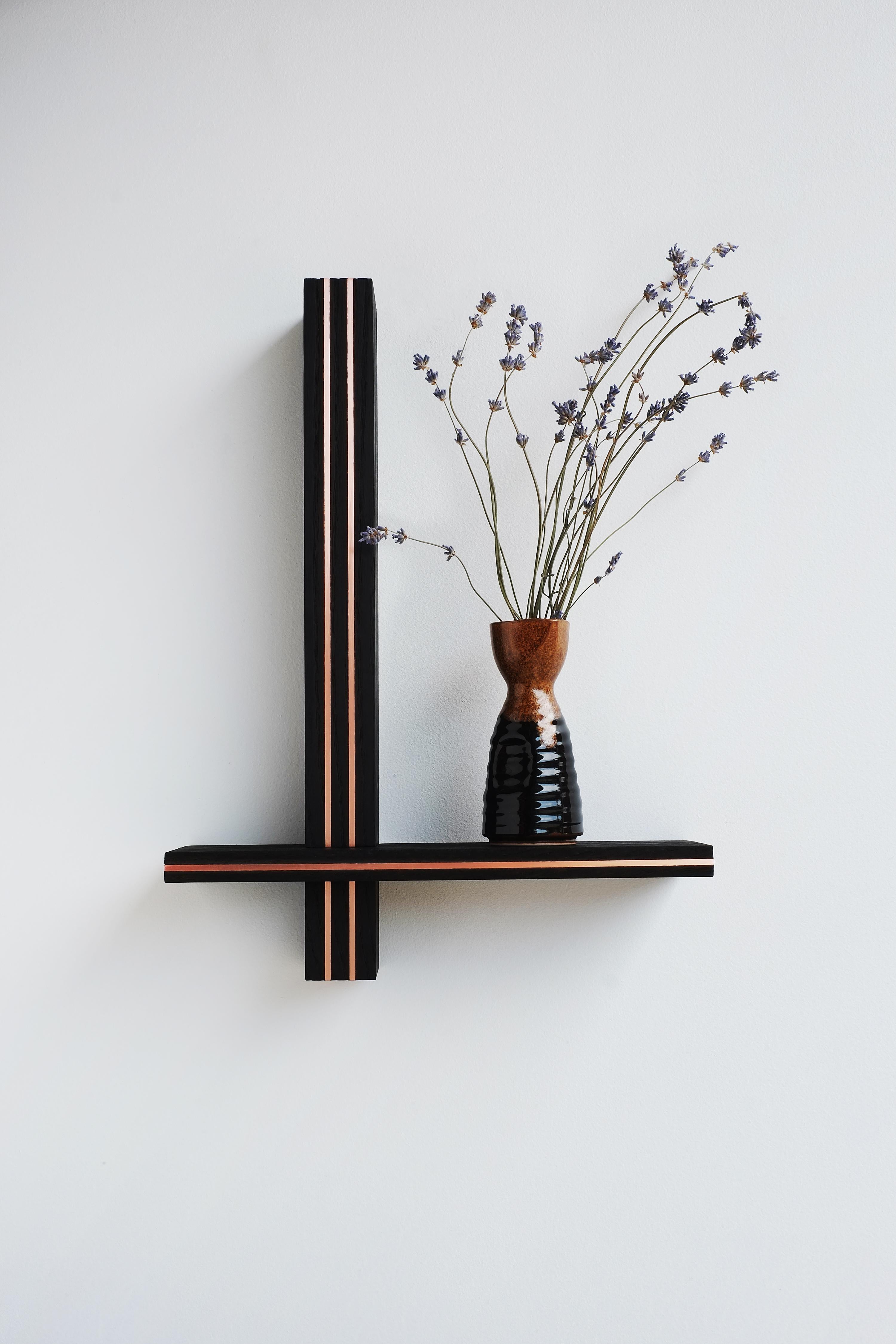 Elevate No. 4, artist-made wood and copper wall sculpture, floating shelf - Sculpture by Huy Lam