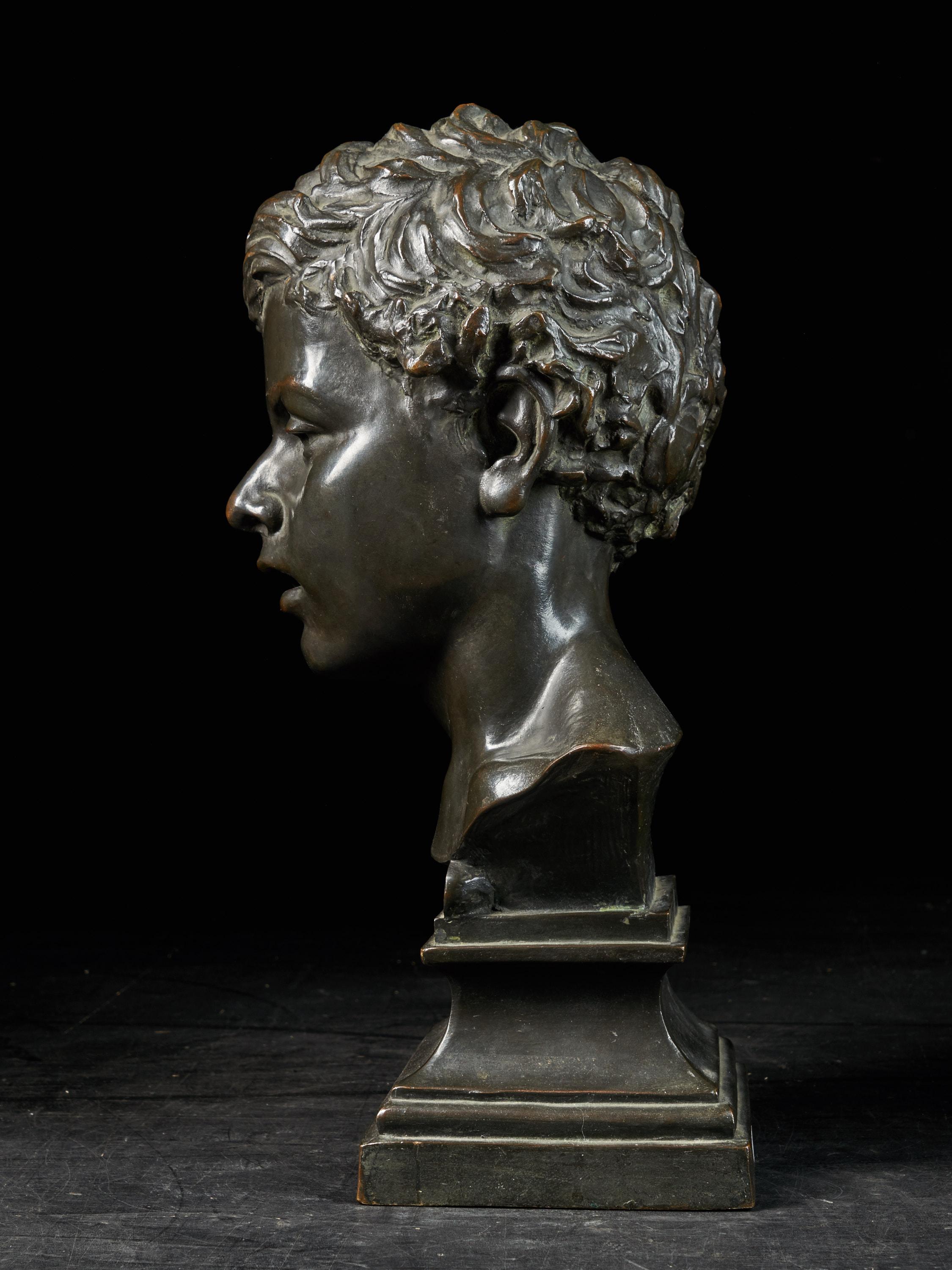 This is a lovely 20th century bronze bust signed by the sculptor Van Hoeter (1871-). The bust depicts a quite unhappy young man. The young man is tilting his head slightly to the left. His hair is sculpted with a lot of natural waves. Overall it is