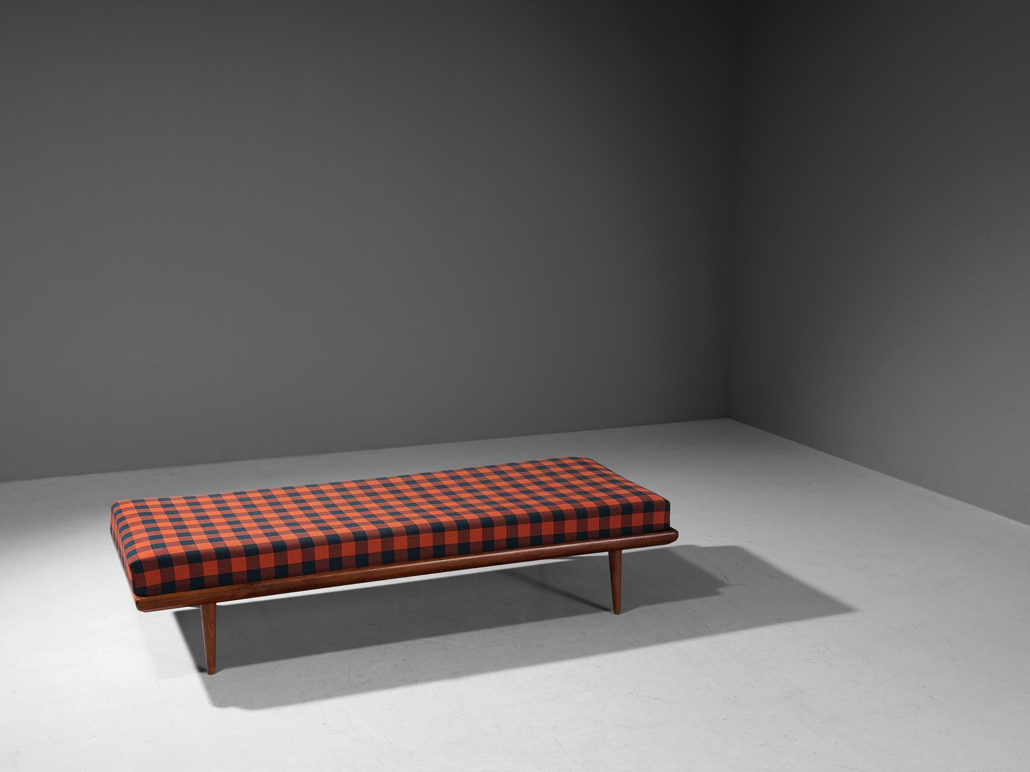 Peter Hvidt and Orla Mølgaard-Nielsen for France & Søn, 'Minerva' daybed, teak, metal, fabric, Denmark, design 1957, production 1960s.

This elegant daybed or sofa is named 'Minerva' after the goddess of wisdom; a true midcentury classic designed by