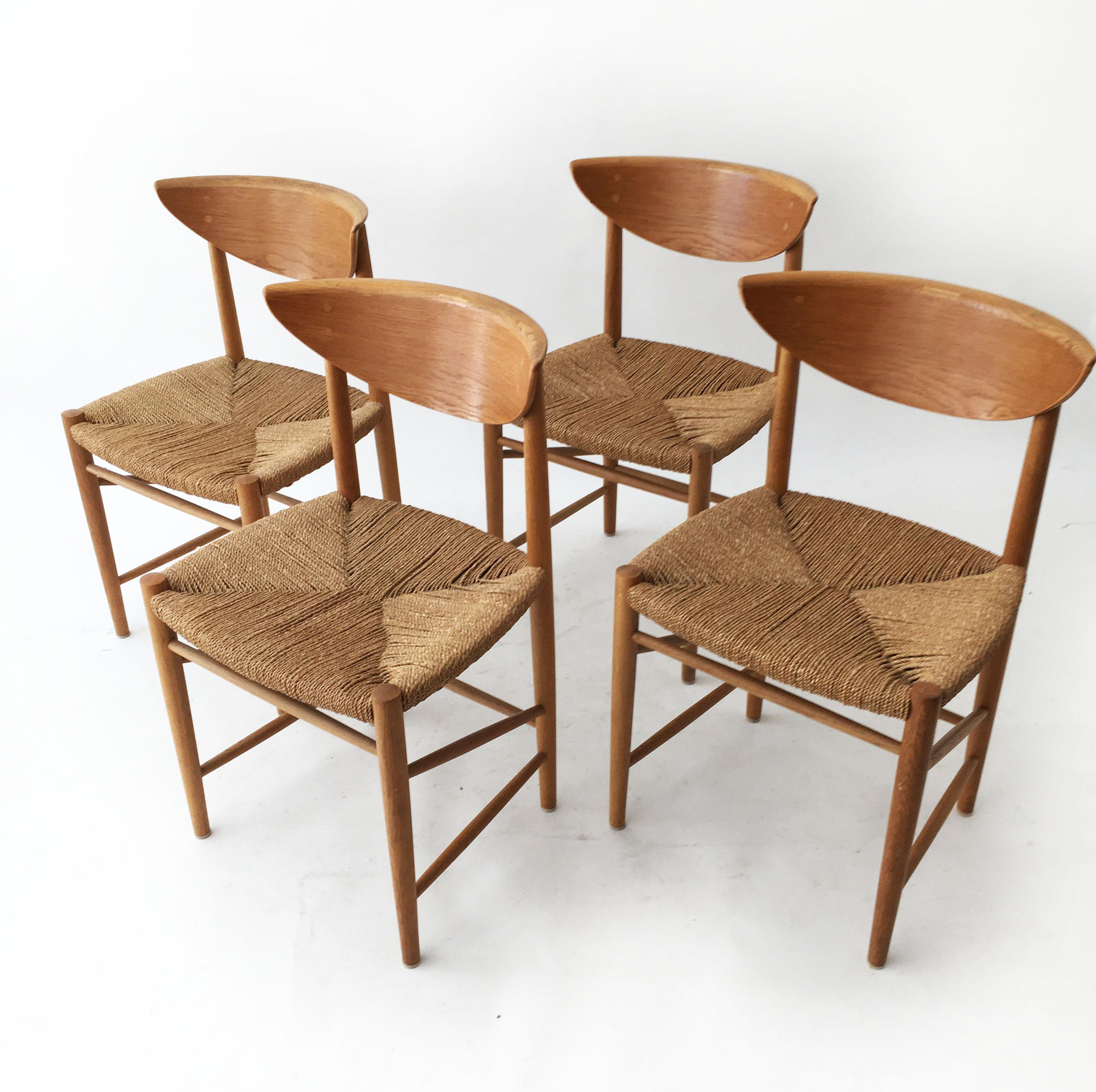 Hvidt and Molgaard-Nielsen set of four oak and cord chairs, Denmark, 1950s. The backrest is beautifully crafted and points to a nice bend for comfortable leaning, as well as an outwardly curved edge. The chairs retain the original woven cord in very