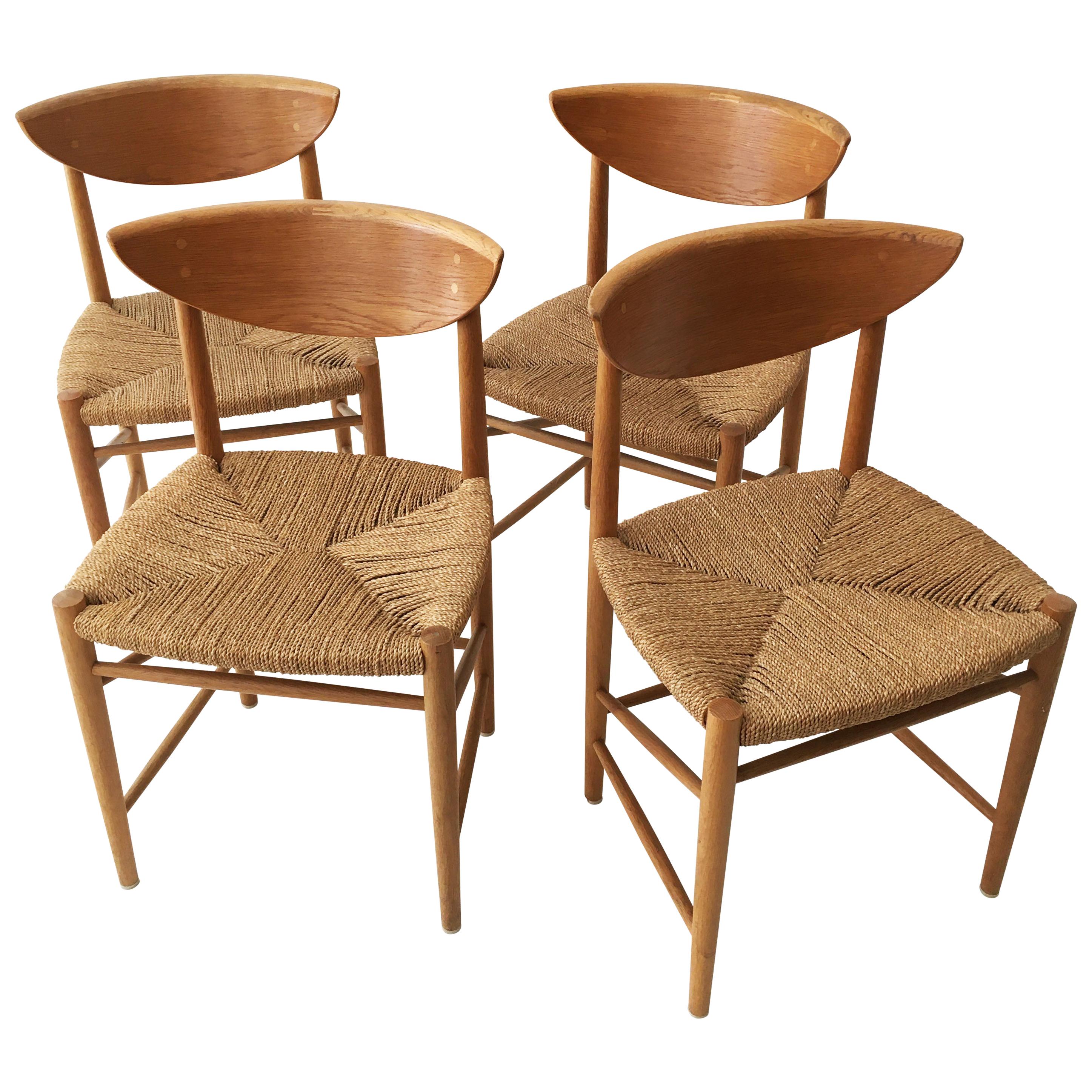Hvidt and Molgaard-Nielsen Set of Four Oak and Cord Chairs, Denmark, 1950s
