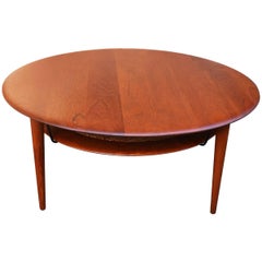 Hvidt & Mølgaard FD 515 Solid Teak Round Coffee Table Floating Cane Shelf