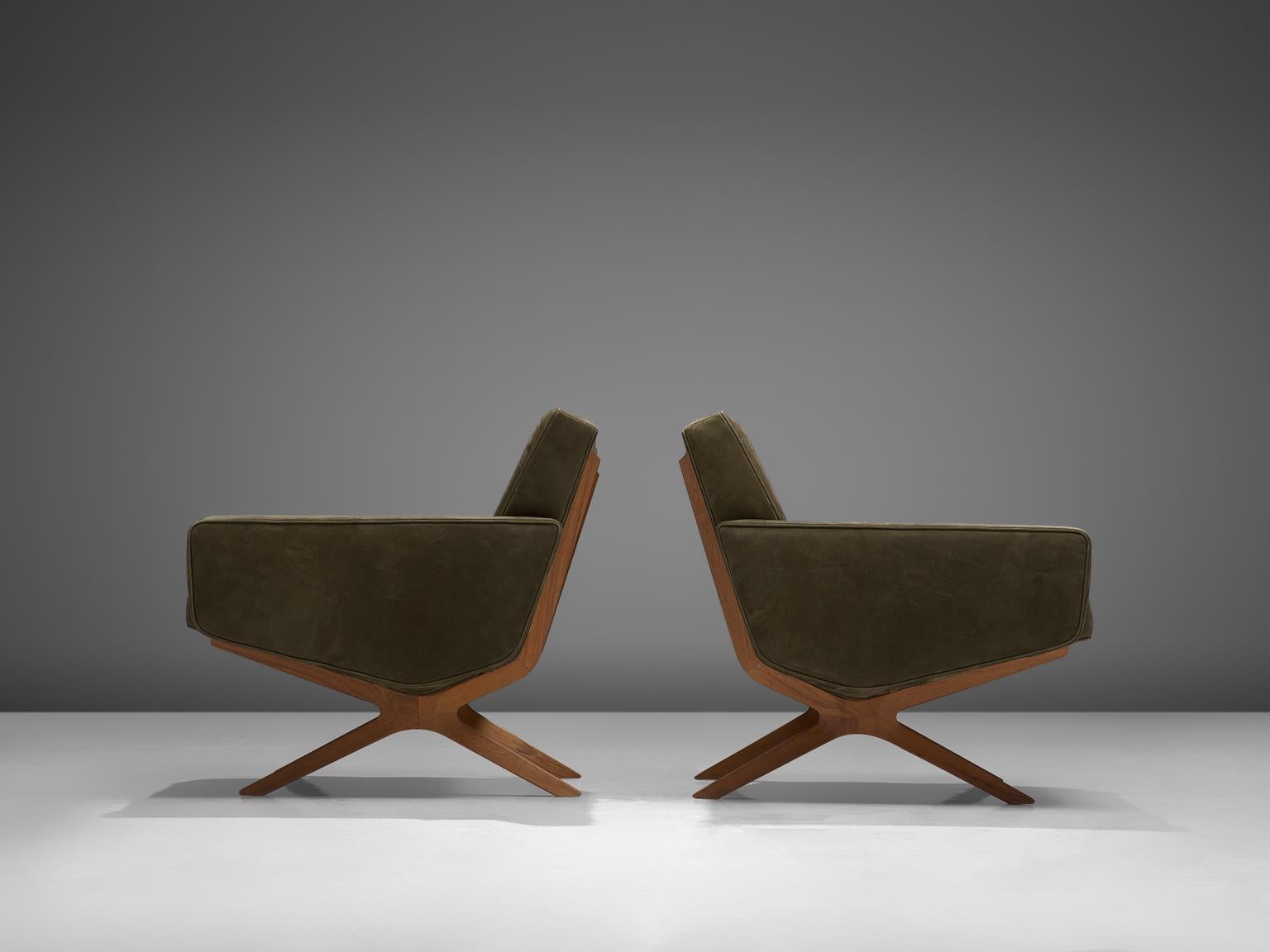 Scandinavian Modern Hvidt & Mølgaard Reupholstered Green Leather Silverline Lounge Chairs
