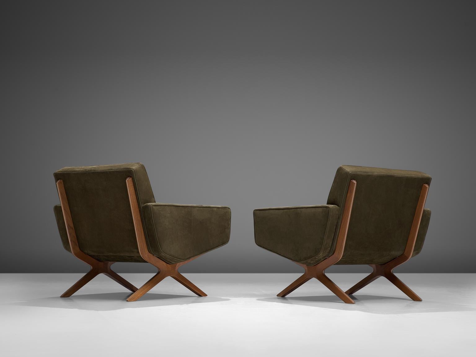 Danish Hvidt & Mølgaard Reupholstered Green Leather Silverline Lounge Chairs