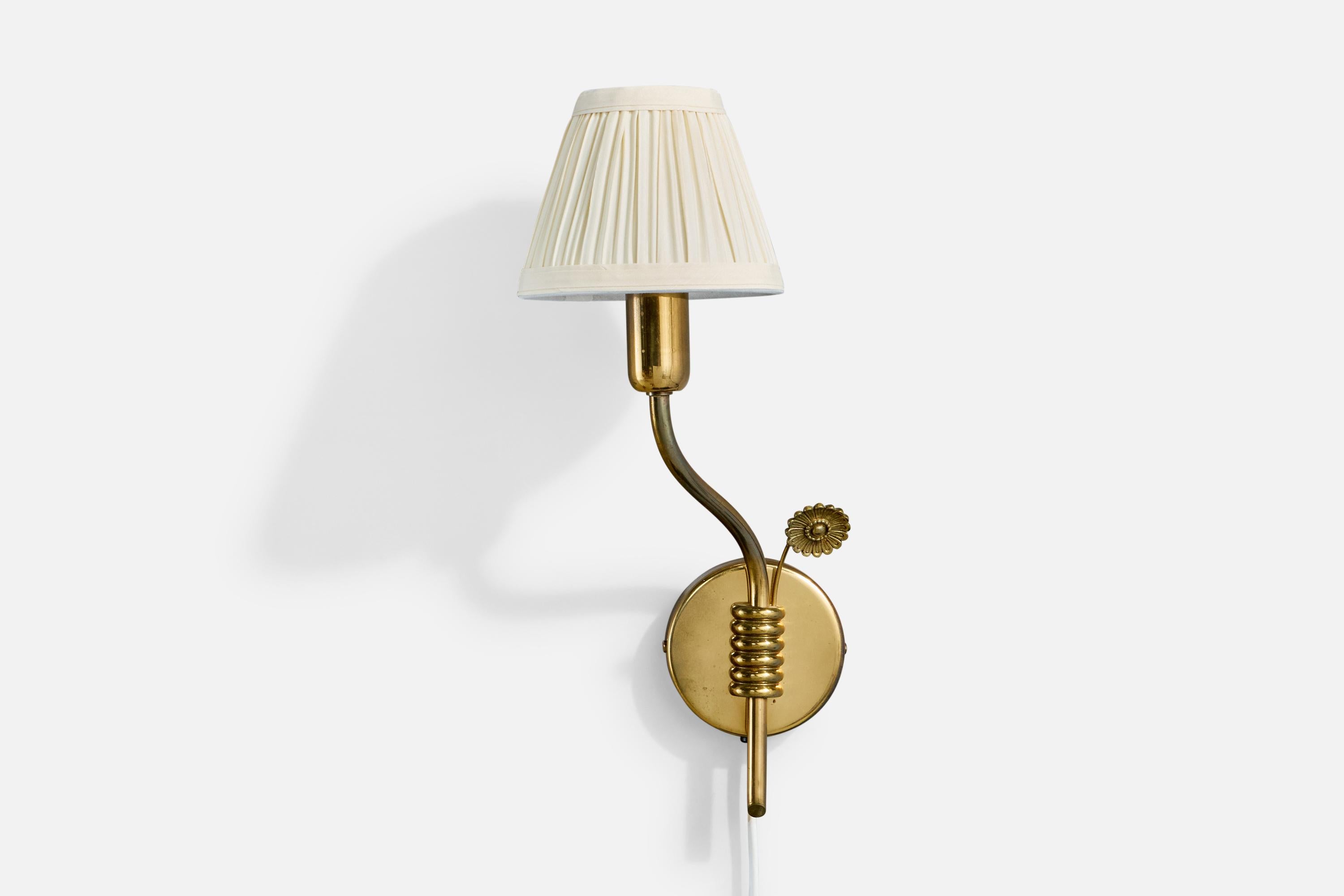 Norwegian Høvik Verk, Wall Lights, Brass, Fabric, Norway, 1950s For Sale