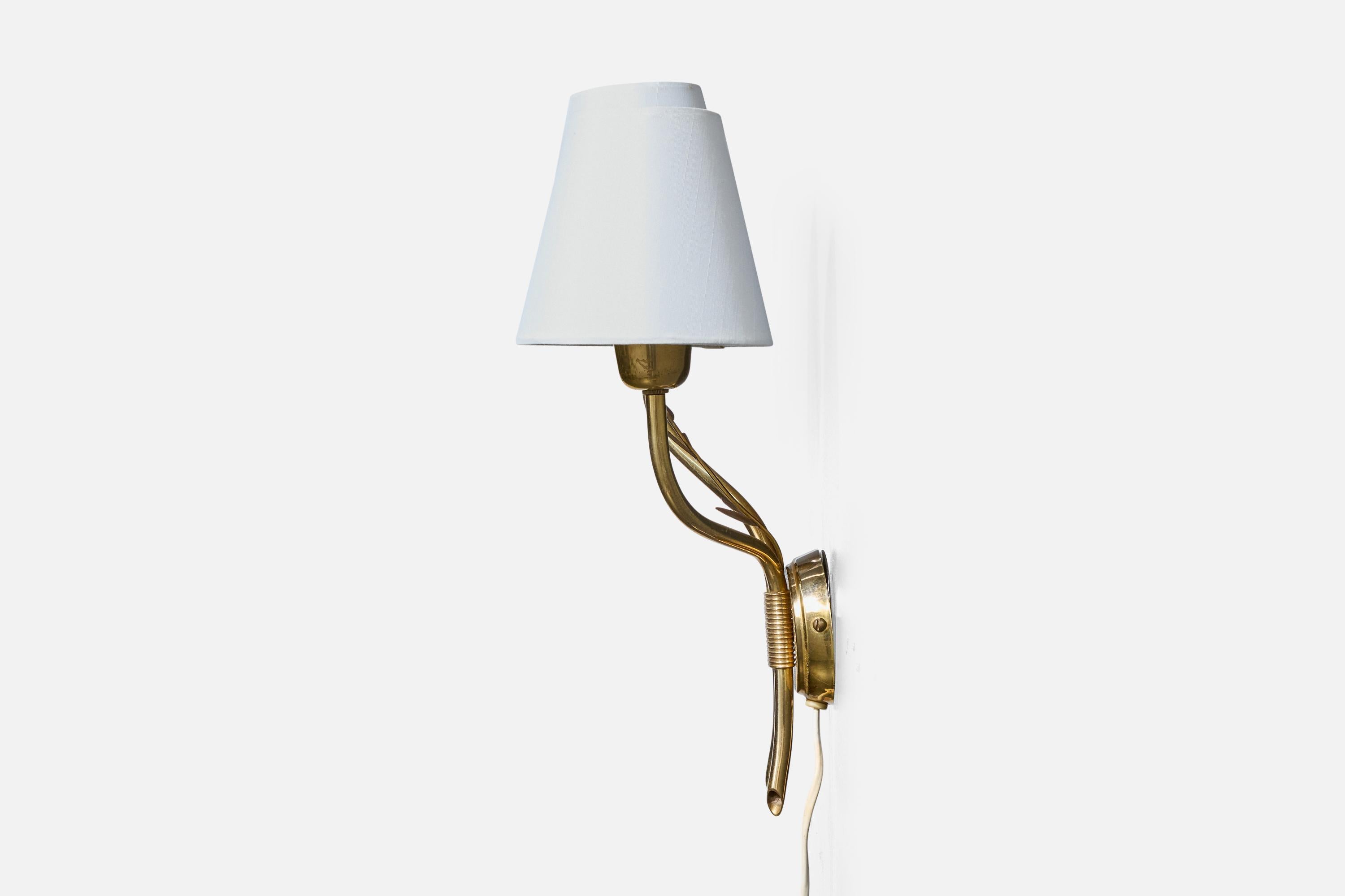 Norwegian Høvik Verk, Wall Lights, Brass, Fabric, Norway, 1950s For Sale
