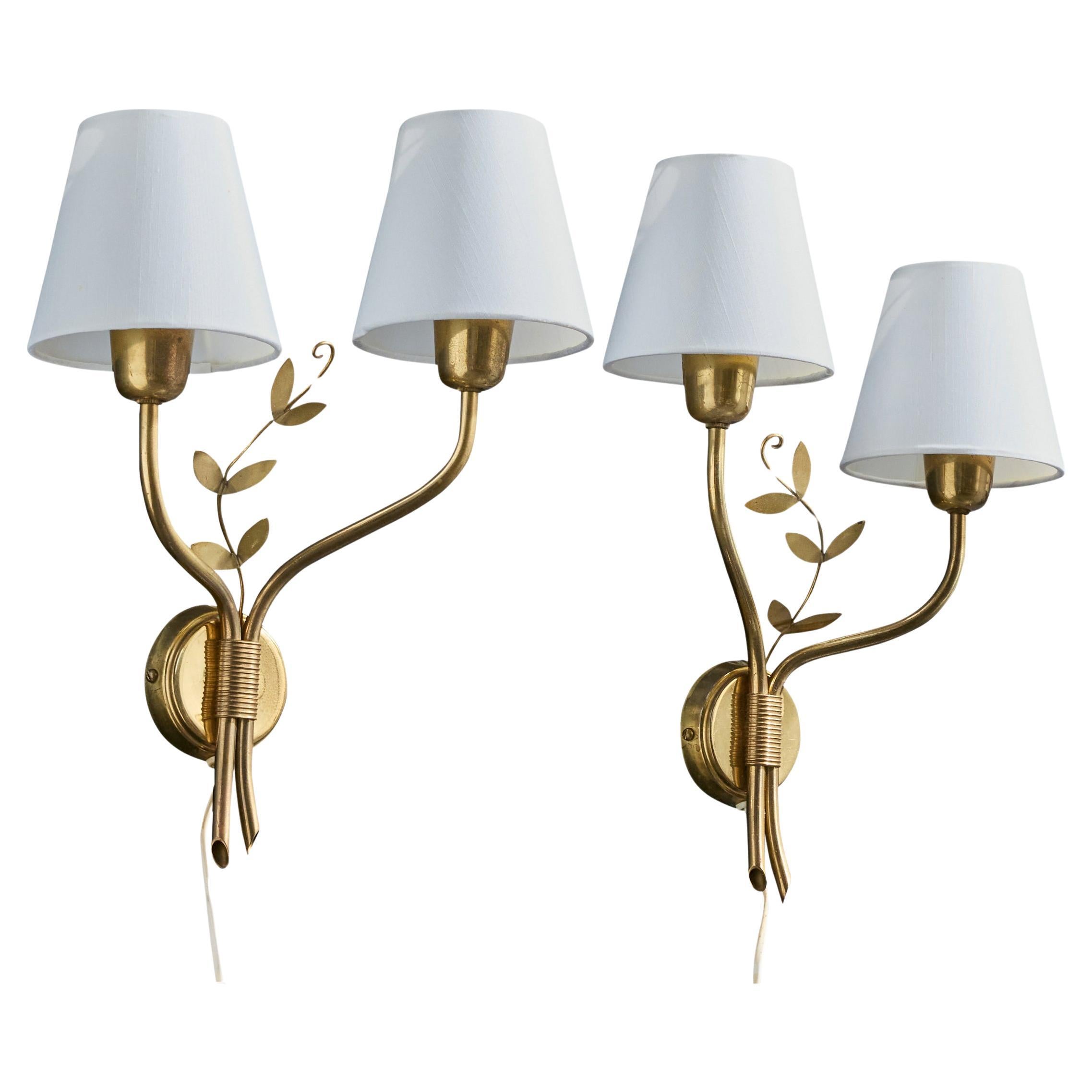 Høvik Verk, Wall Lights, Brass, Fabric, Norway, 1950s For Sale