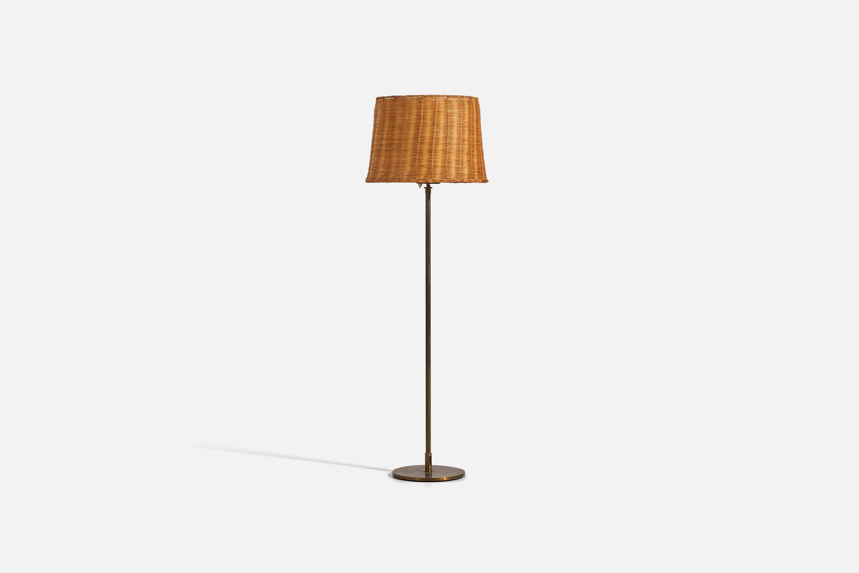 H.W. Armatur, Adjustable Floor Lamp, Brass, Rattan, Sweden, 1950s For