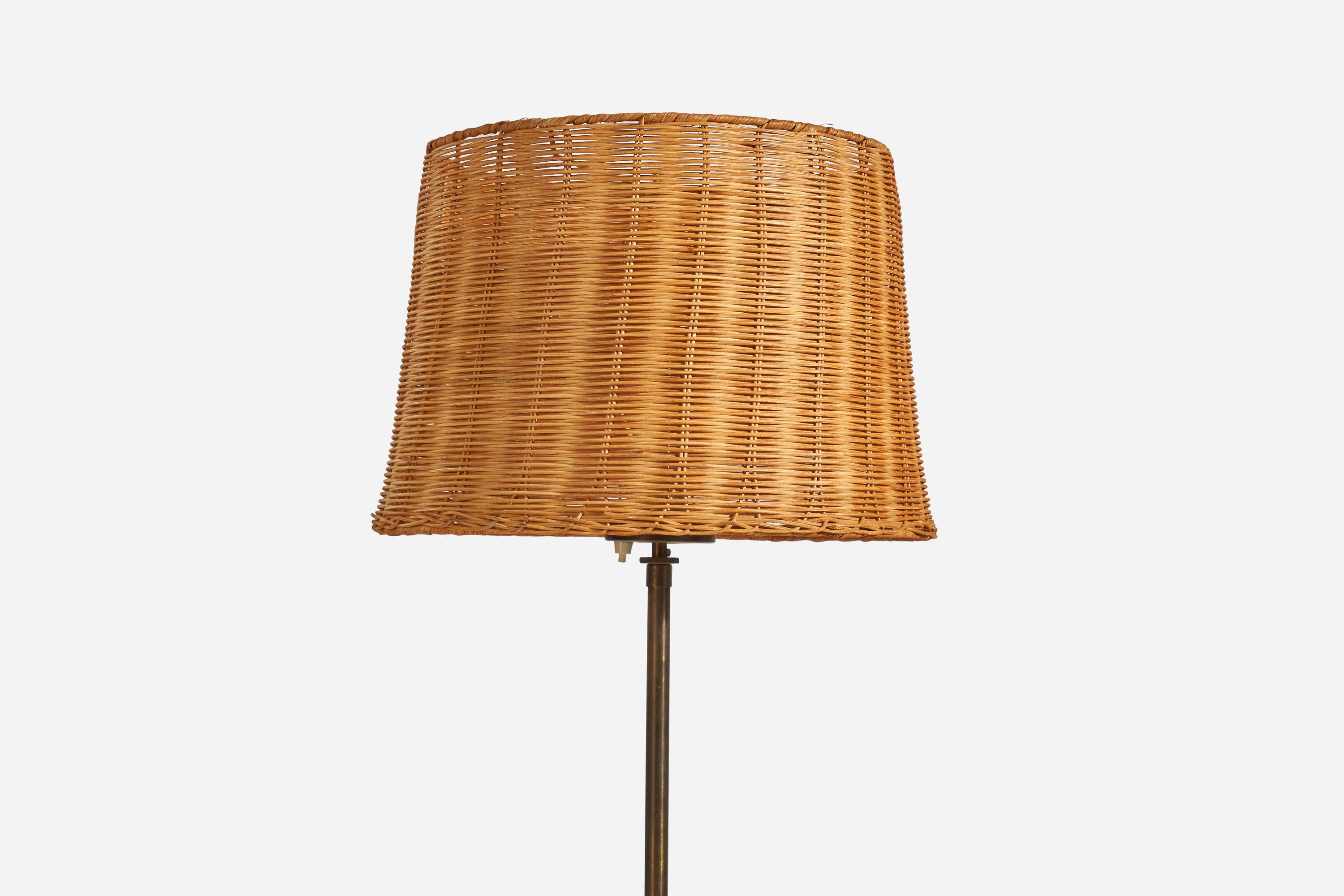 H.W. Armatur, Adjustable Floor Lamp, Brass, Rattan, Sweden, 1950s For